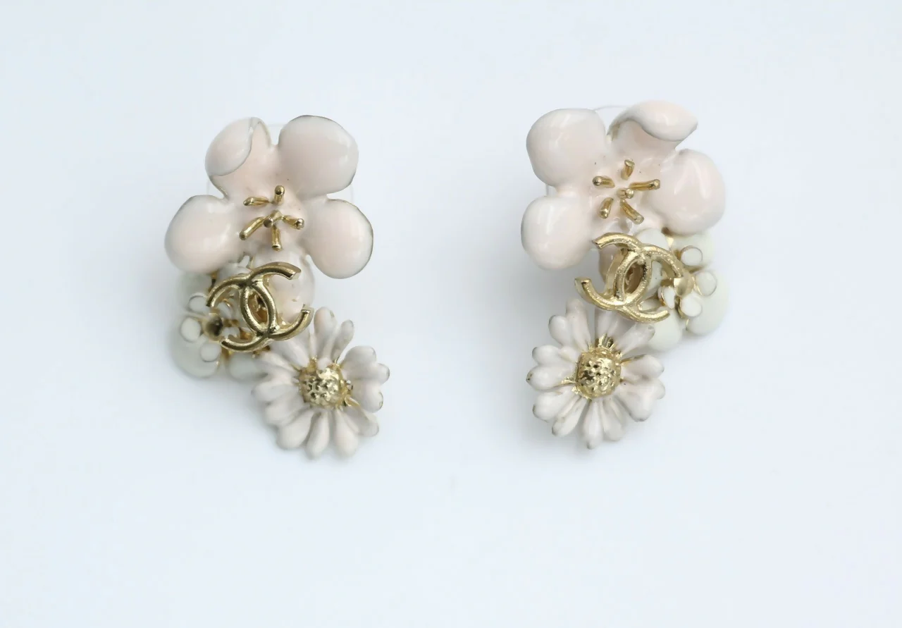 Chanel 10P Enamel Pink Camellia & Chrysanthemum Stud Earrings