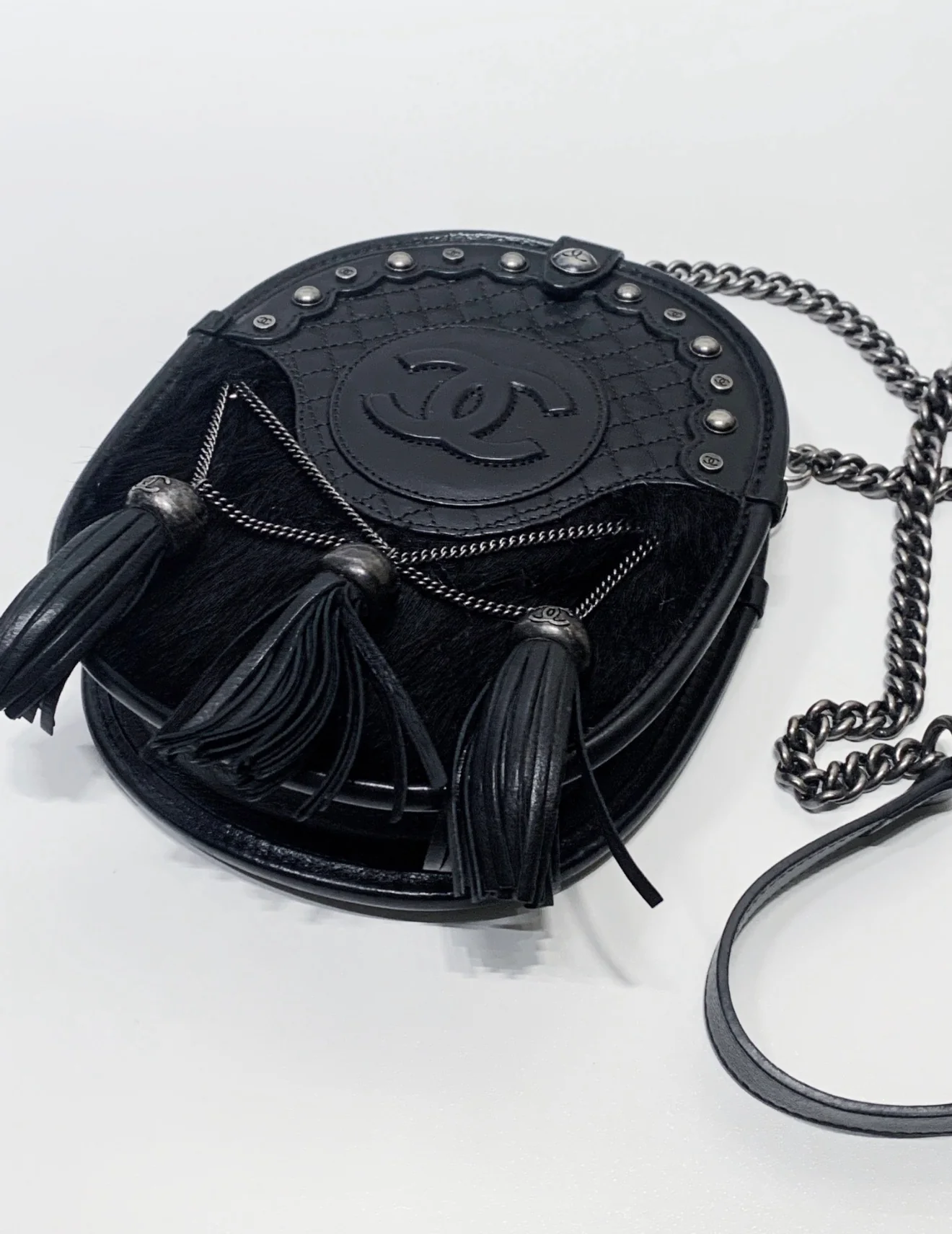 Chanel 13A Black and Silver Tassel Edinburgh Saddle Chain Bag