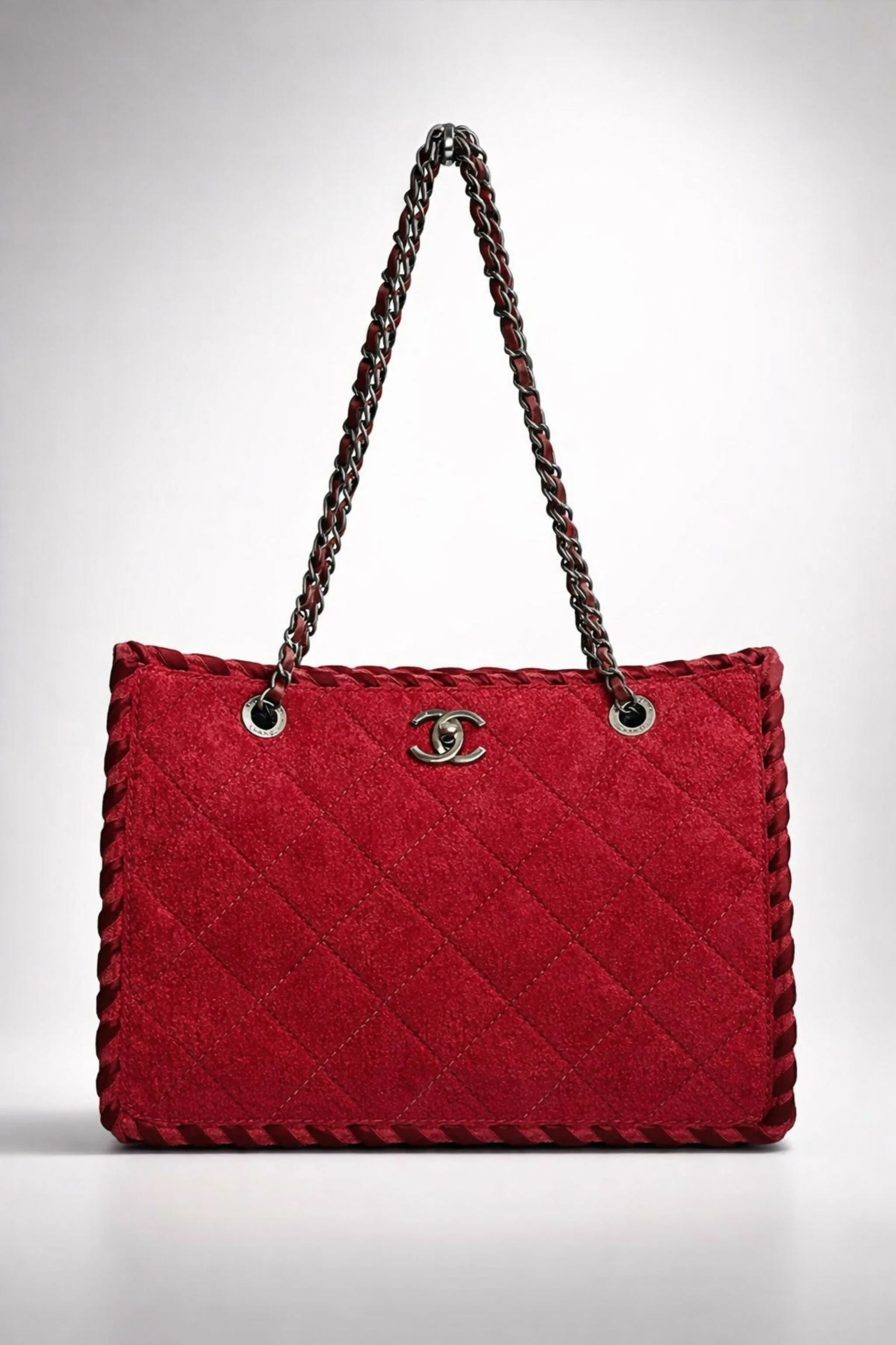 Chanel 13A Edinburgh Red Medium Felt Wool Quilted Timeless Shopping Tote Bag