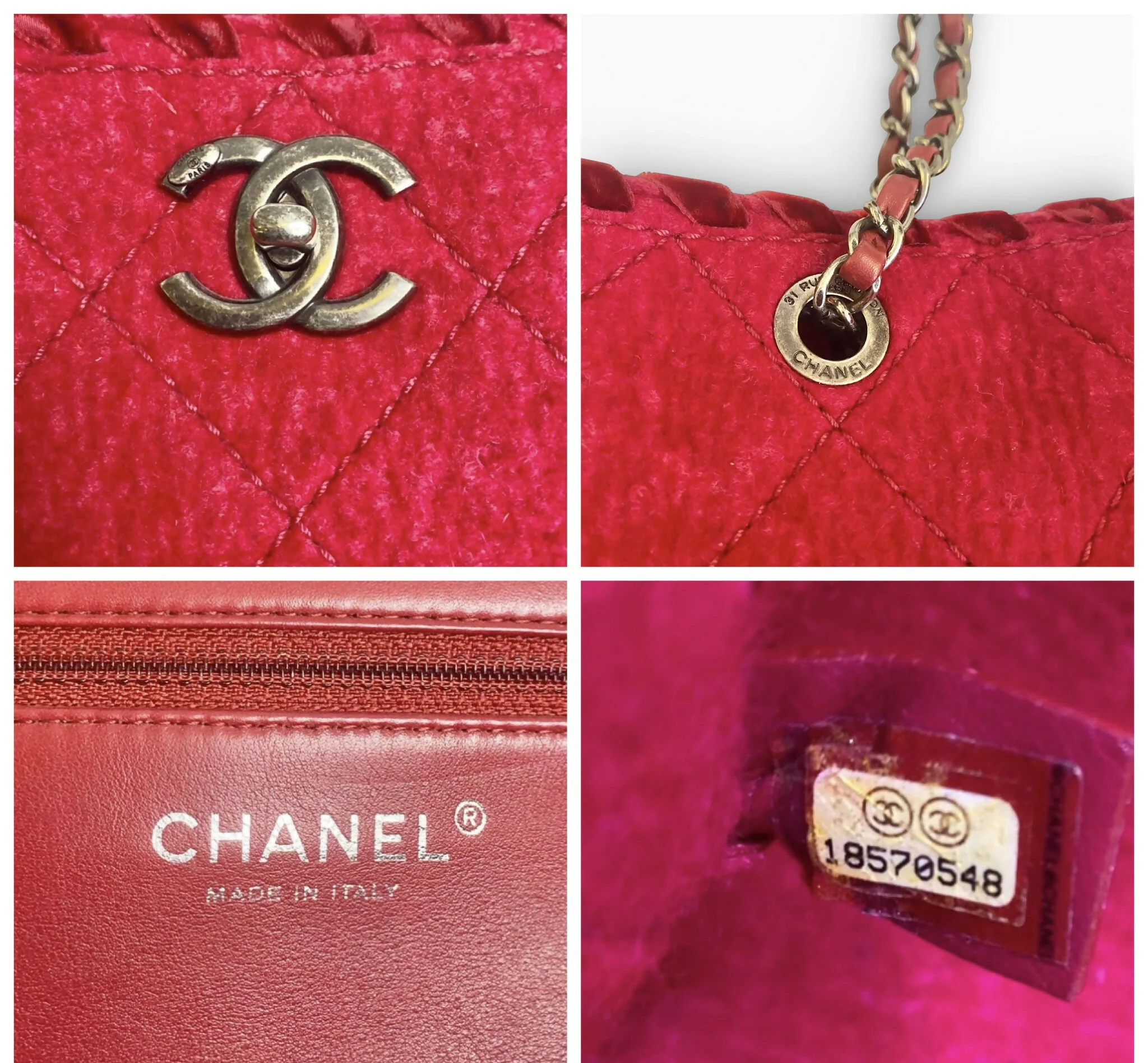 Chanel 13A Edinburgh Red Medium Felt Wool Quilted Timeless Shopping Tote Bag - Image 8