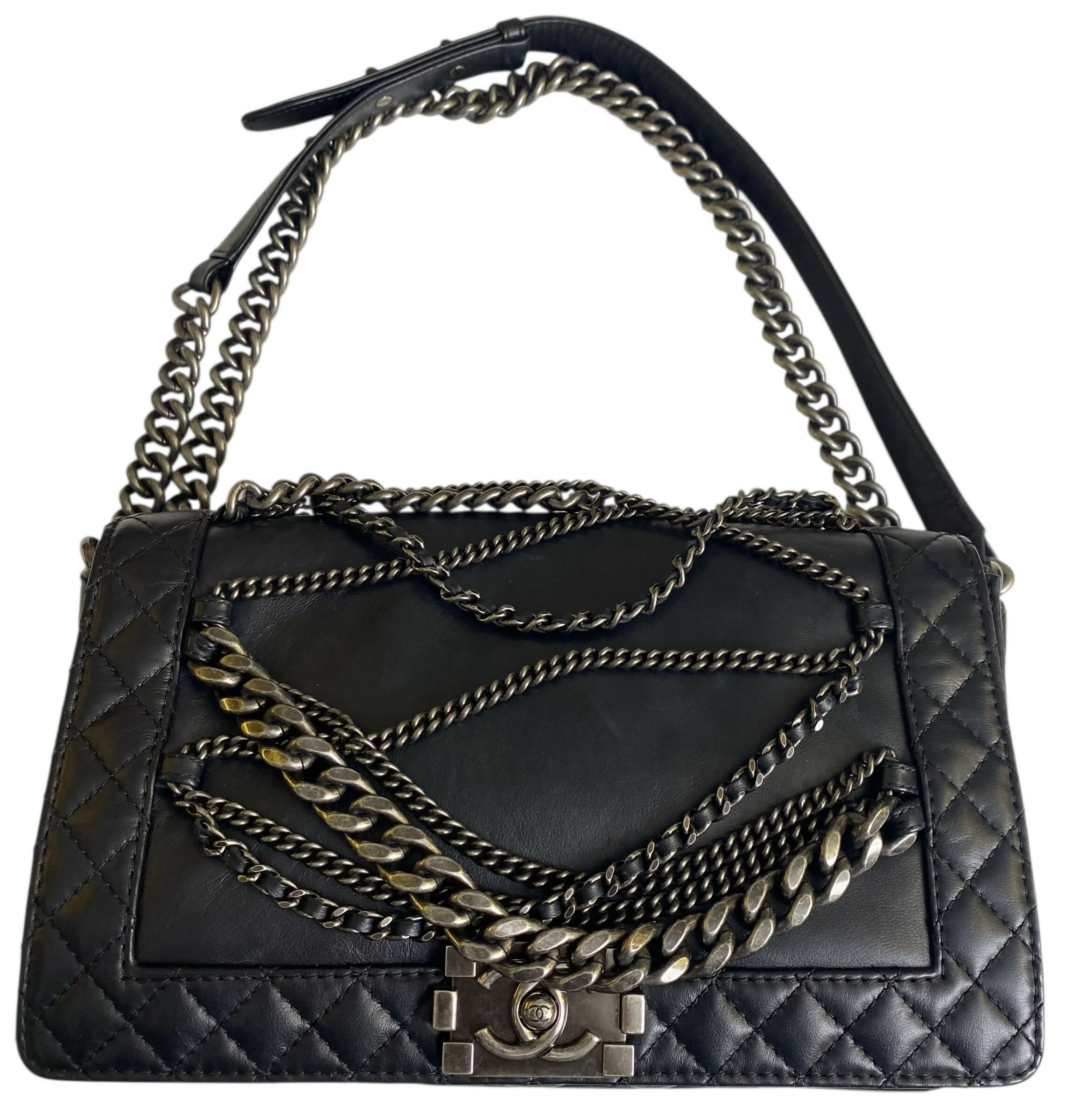 Chanel 13A Enchained Boy Bag Black Leather Old Medium Flap Bag - Image 2