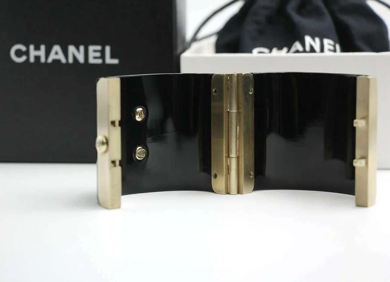 Chanel 13C Metal Resin Black Flower Bracelet Cuff - Image 6