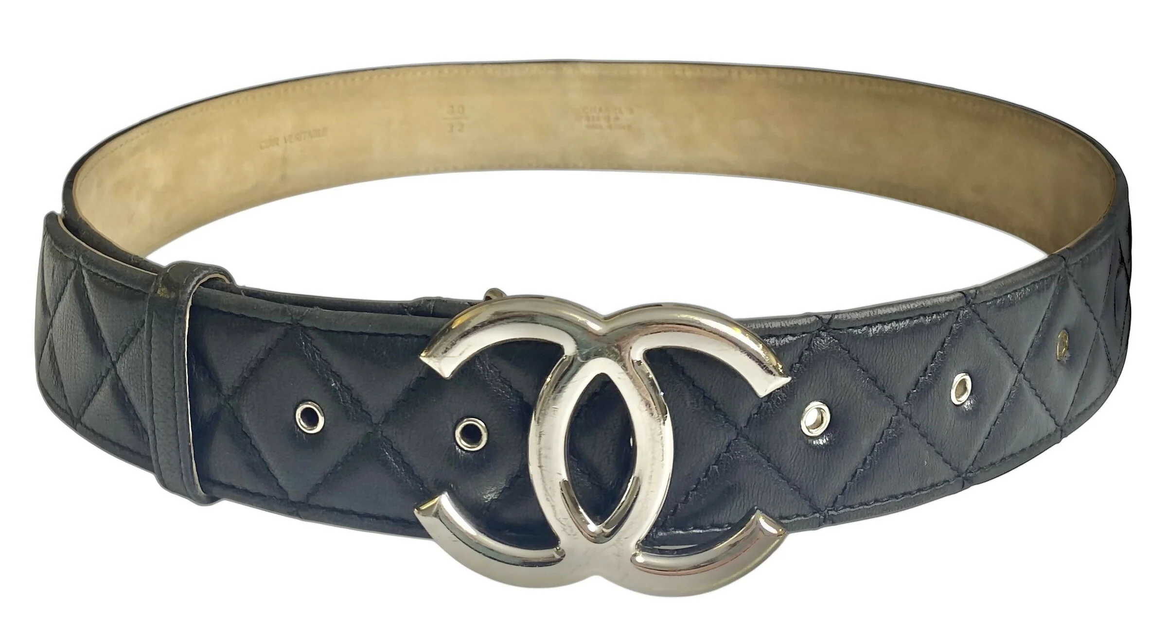 Chanel 14A Black Quilted Lambskin Silver CC Logo Belt 80/32 - Image 2