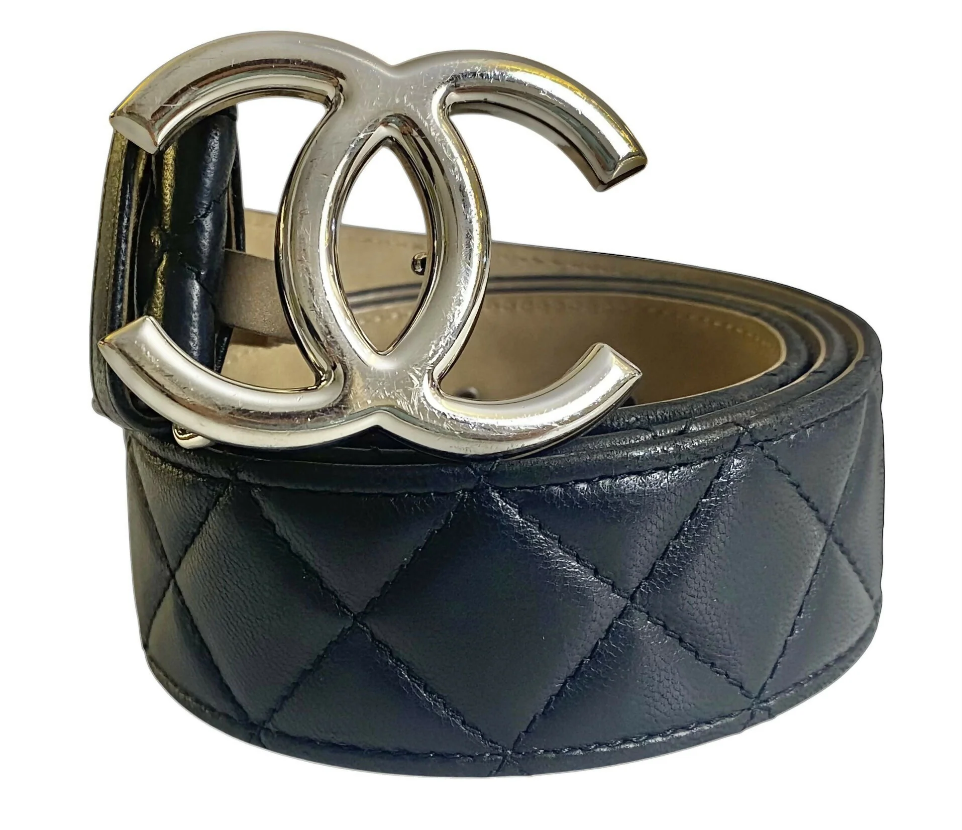 Chanel 14A Black Quilted Lambskin Silver CC Logo Belt 80/32 - Image 4