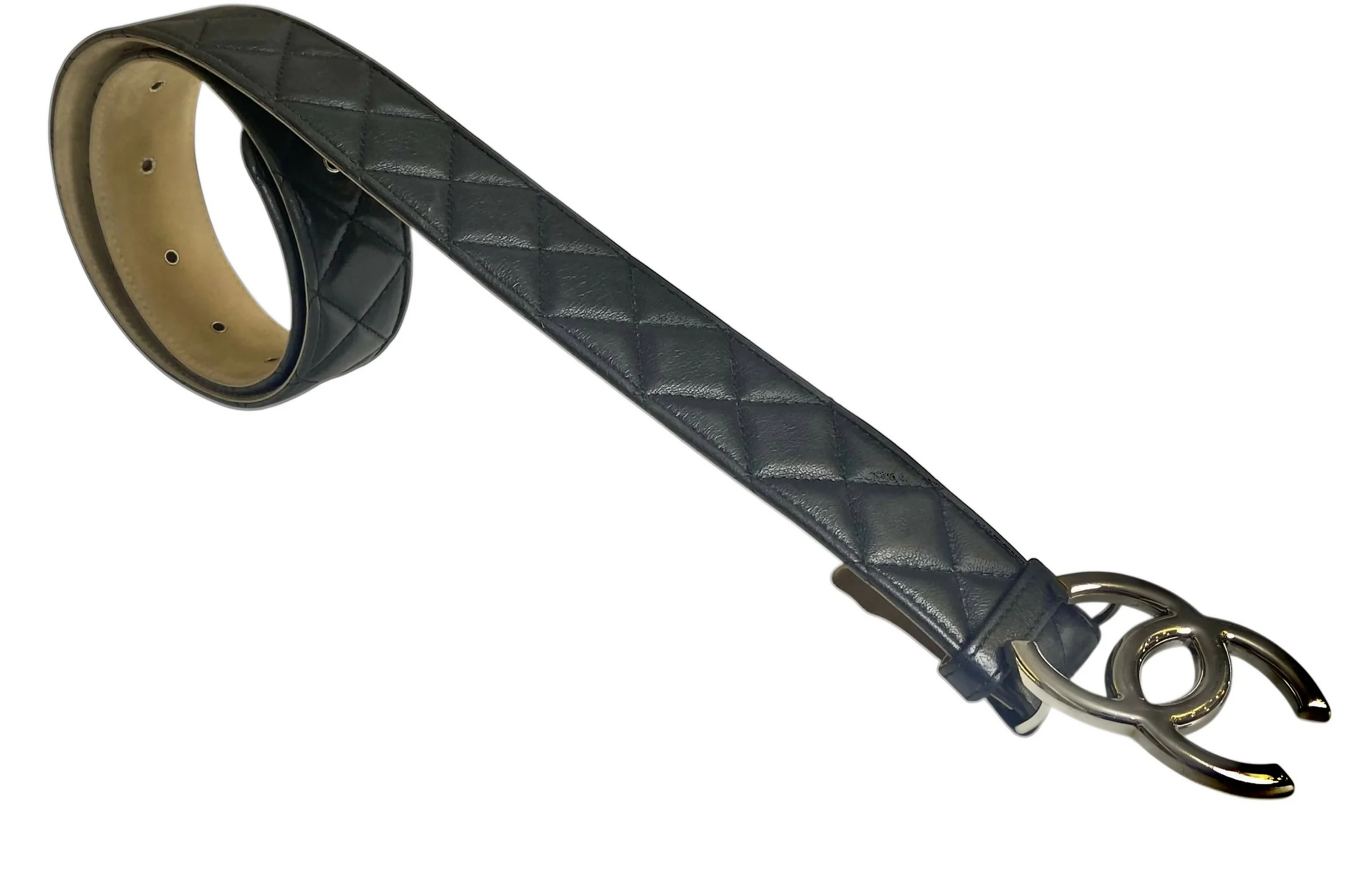 Chanel 14A Black Quilted Lambskin Silver CC Logo Belt 80/32 - Image 5