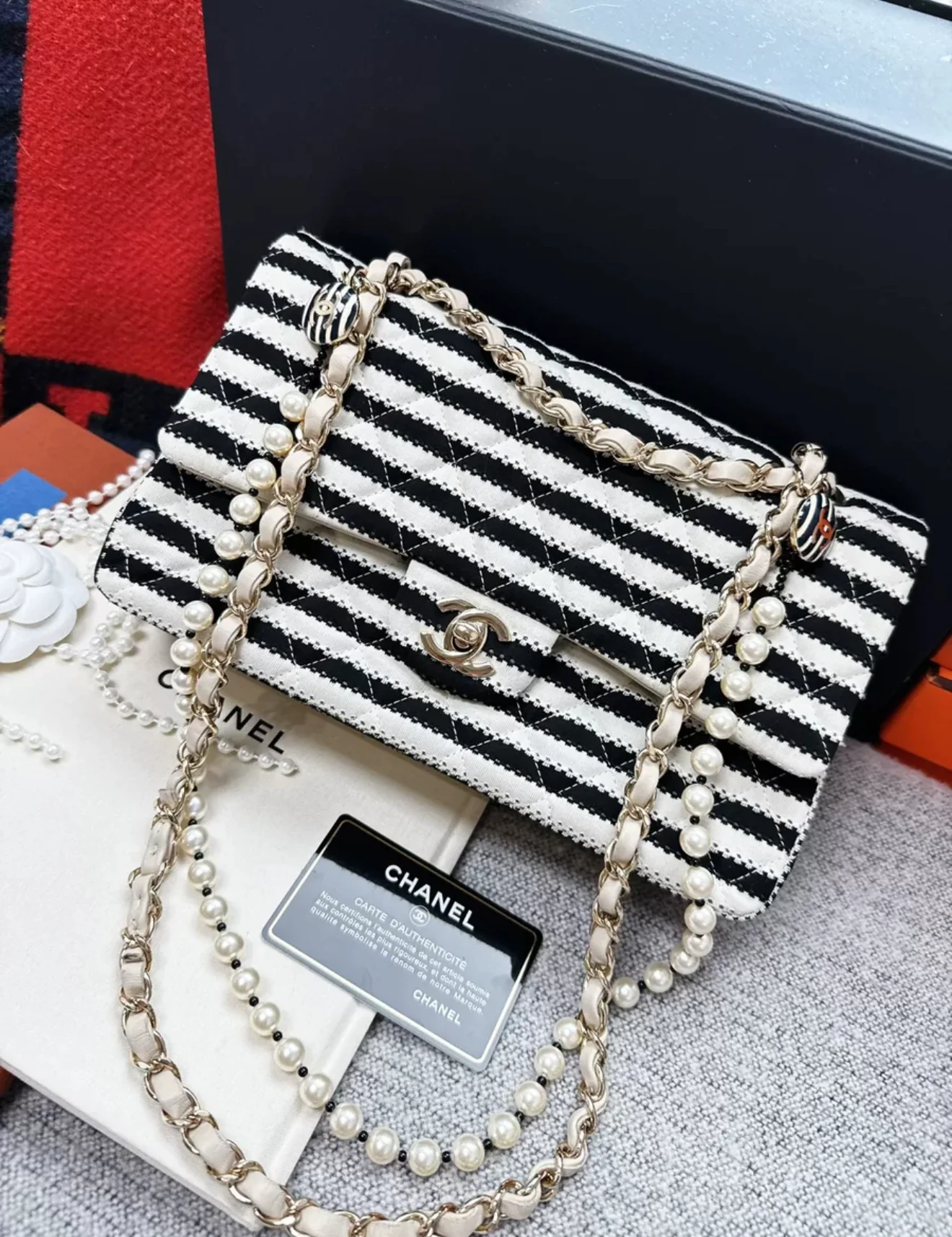 Chanel 14C Black & White Striped Flap Bag