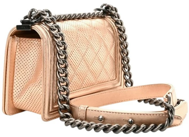 Chanel 15C Paris Dubai Rose Gold Metallic Calfskin Perforated Small Boy Flap Bag - Image 3