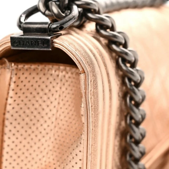 Chanel 15C Paris Dubai Rose Gold Metallic Calfskin Perforated Small Boy Flap Bag - Image 4