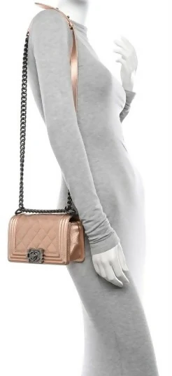Chanel 15C Paris Dubai Rose Gold Metallic Calfskin Perforated Small Boy Flap Bag - Image 5