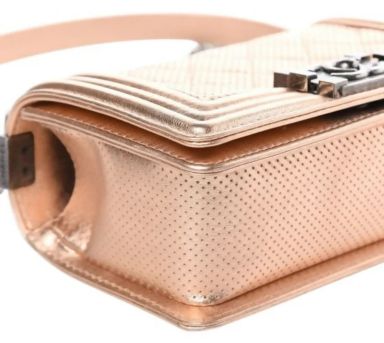Chanel 15C Paris Dubai Rose Gold Metallic Calfskin Perforated Small Boy Flap Bag - Image 8