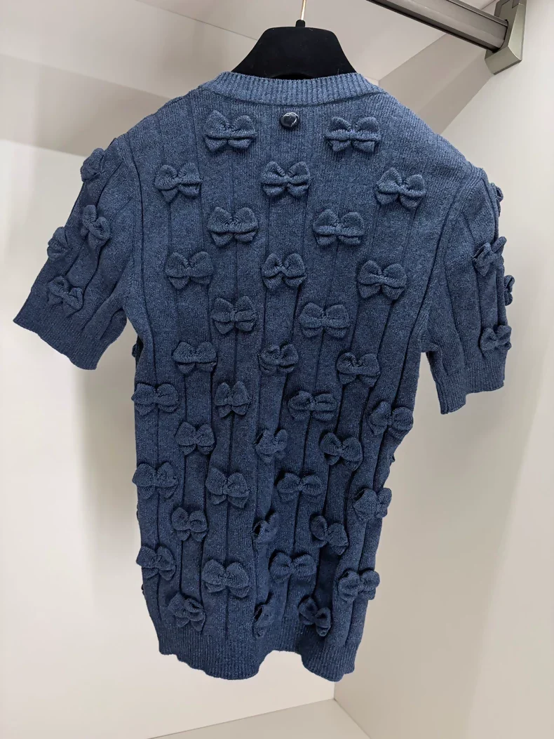 Chanel 15P Navy Blue Cashmere T-Shirt with Bows - Image 4