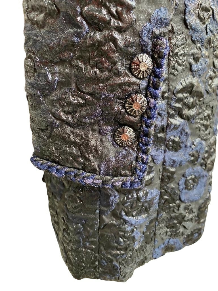 Chanel 16A Paris Rome Black Navy Metallic Camellia Jacquard Braid Long Coat Jacket FR 38 - Image 6