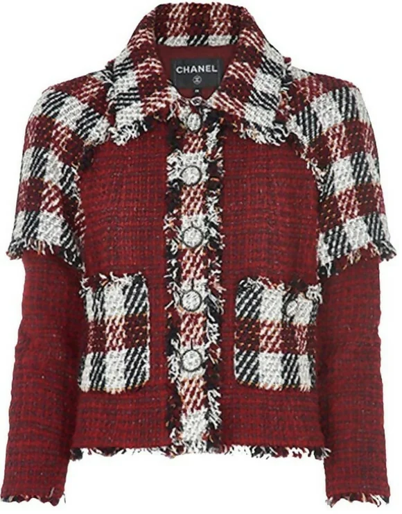 Chanel 16A Runway Burgundy Plaid Tweed Fringe Jacket FR 40 - Image 4