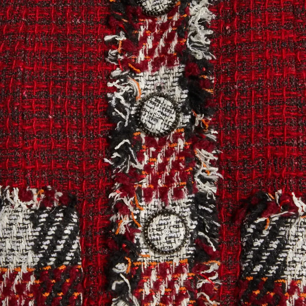 Chanel 16A Runway Burgundy Plaid Tweed Fringe Jacket FR 40 - Image 5