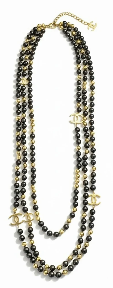 Chanel 16S Airlines 3 Strand 4 CC Extra Long Black Gold Mirror Statement Necklace