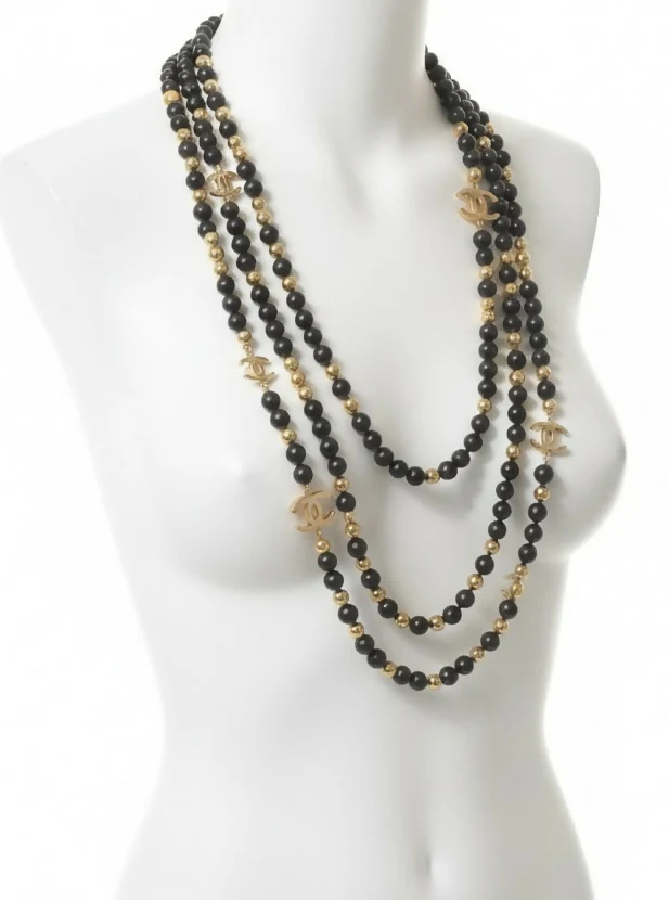 Chanel 16S Airlines 3 Strand 4 CC Extra Long Black Gold Mirror Statement Necklace - Image 2