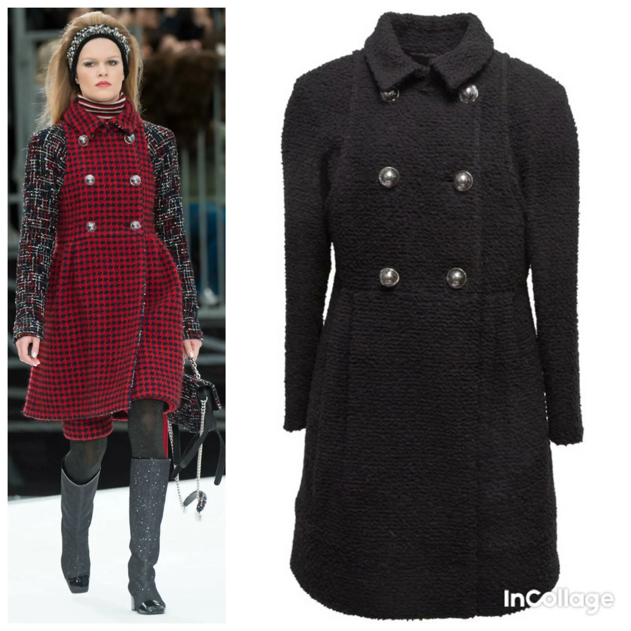Chanel 17A Space Station Black Boucle Wool Double Breast Long Wool Coat FR 38