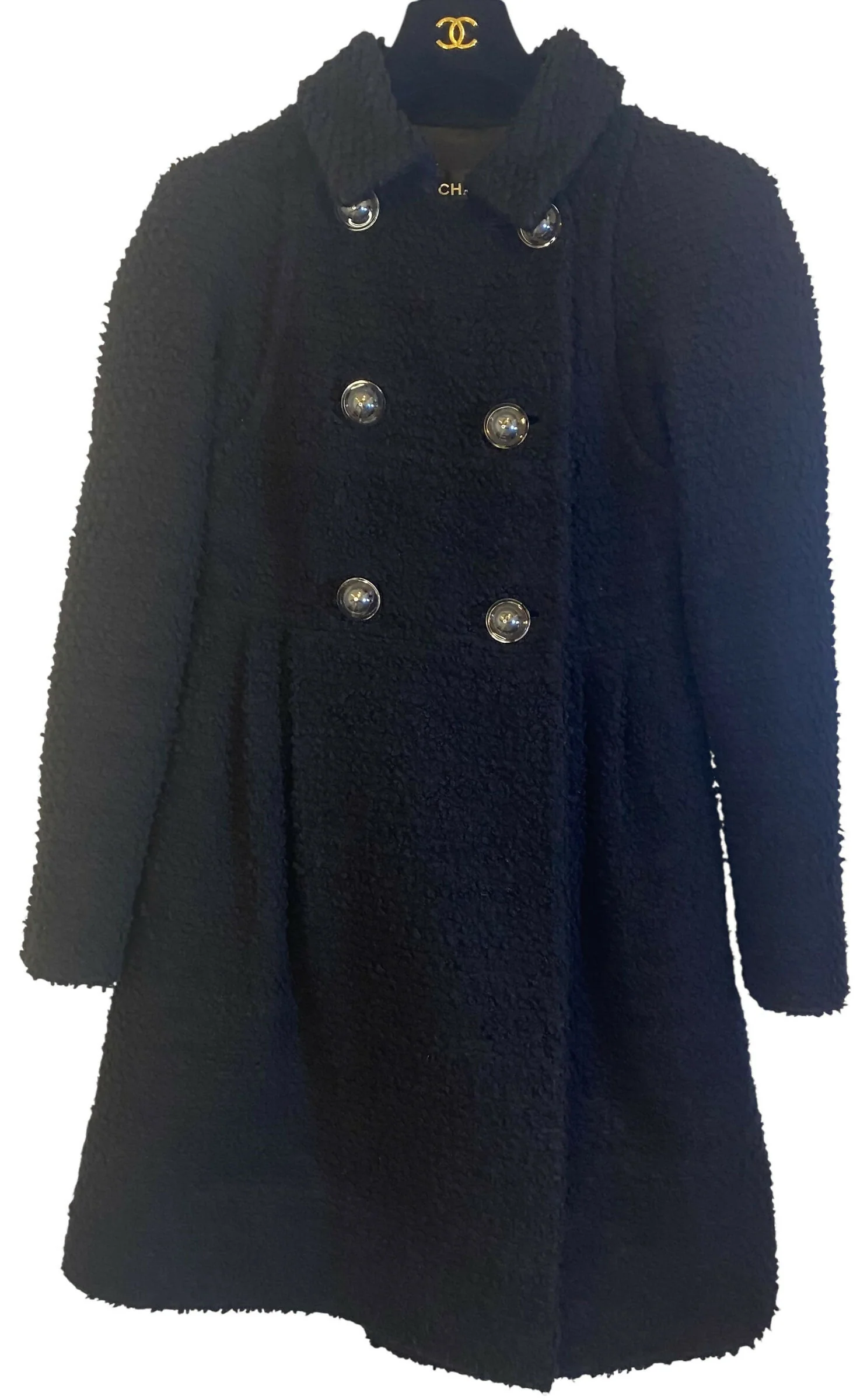 Chanel 17A Space Station Black Boucle Wool Double Breast Long Wool Coat FR 38 - Image 8