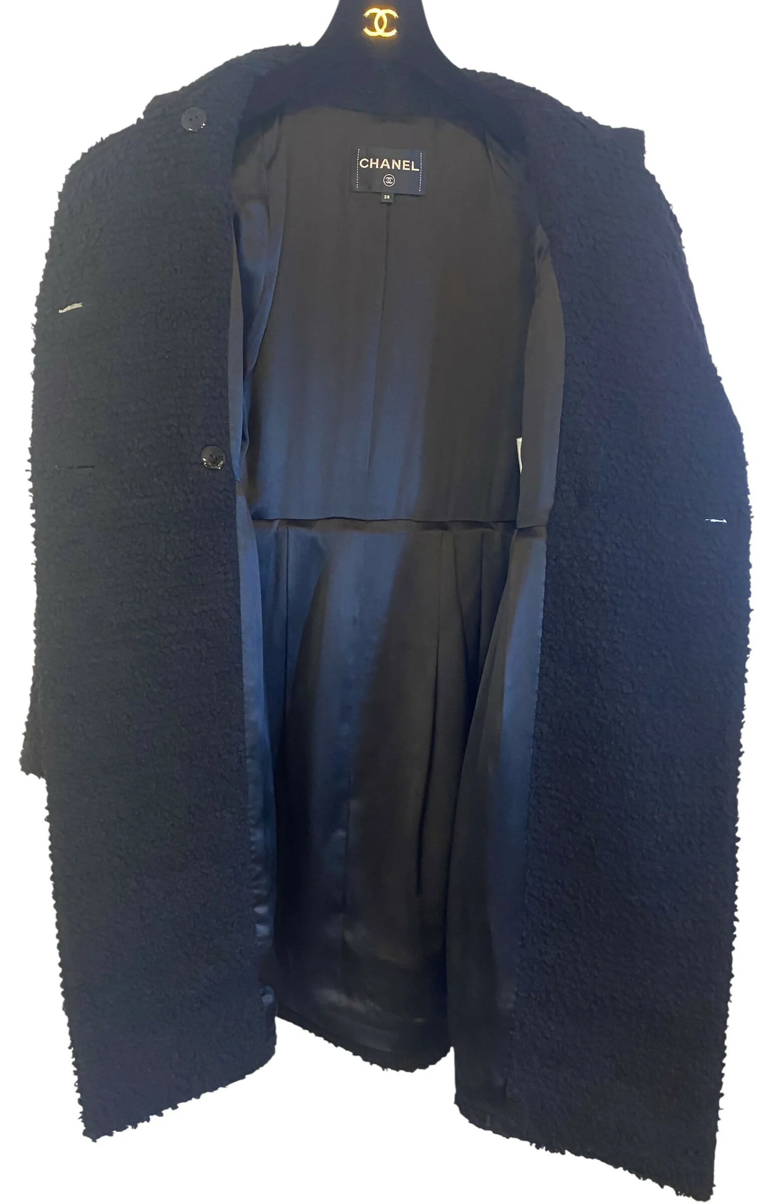 Chanel 17A Space Station Black Boucle Wool Double Breast Long Wool Coat FR 38 - Image 9