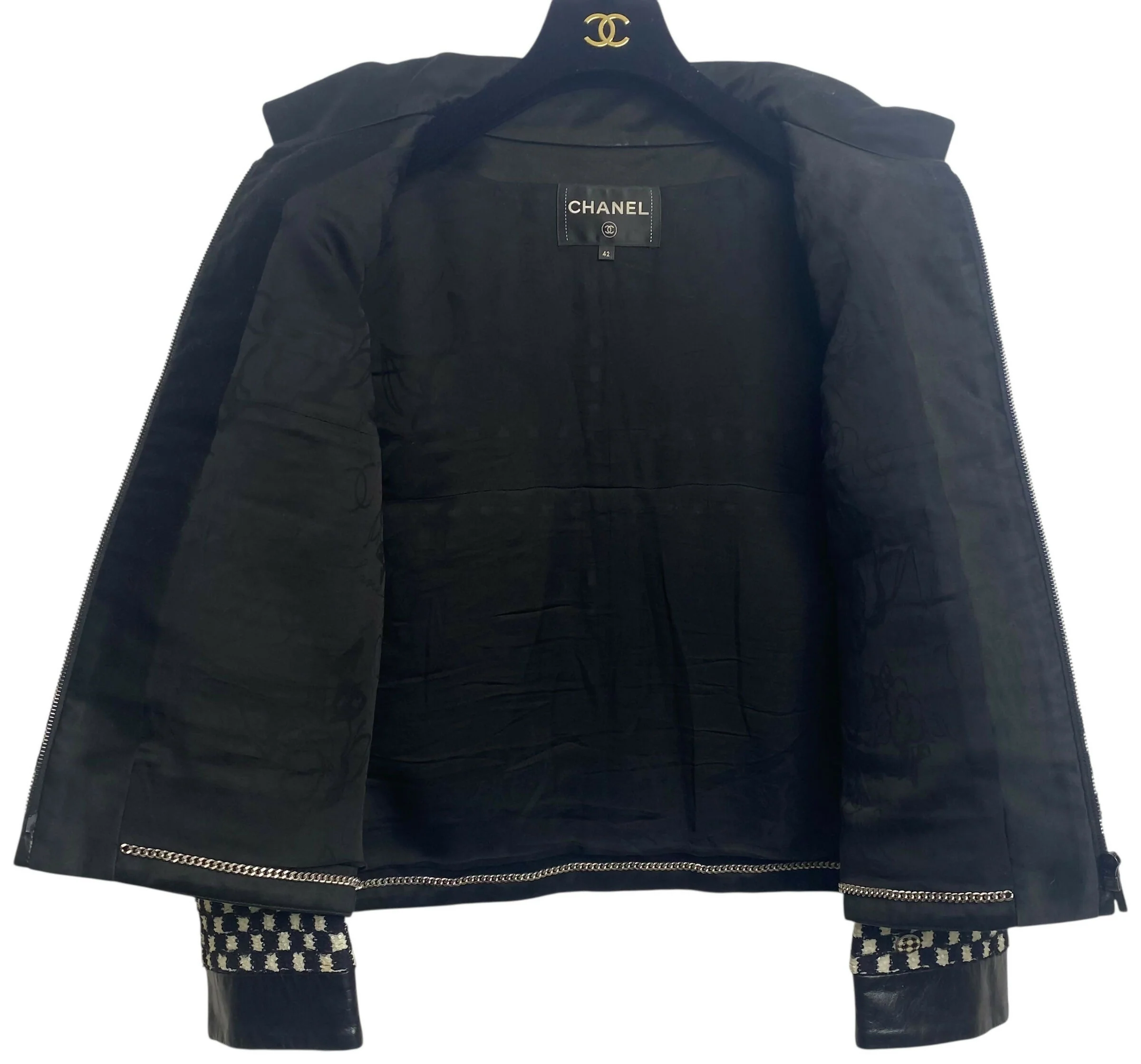 Chanel 17B Metropolitan Checker Sequin Leather Trim Zip Up Jacket FR 42 - Image 7