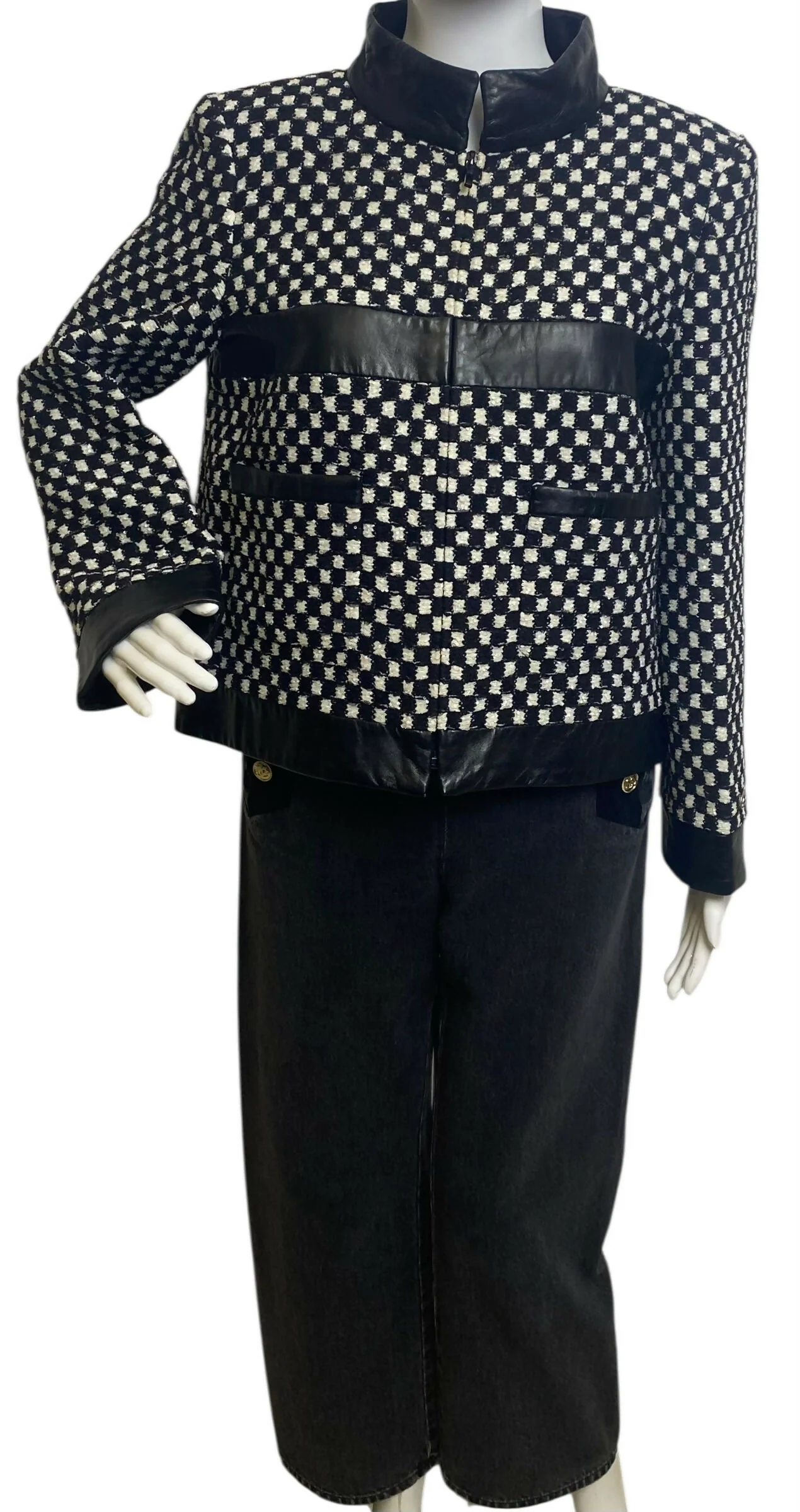 Chanel 17B Metropolitan Checker Sequin Leather Trim Zip Up Jacket FR 42 - Image 8