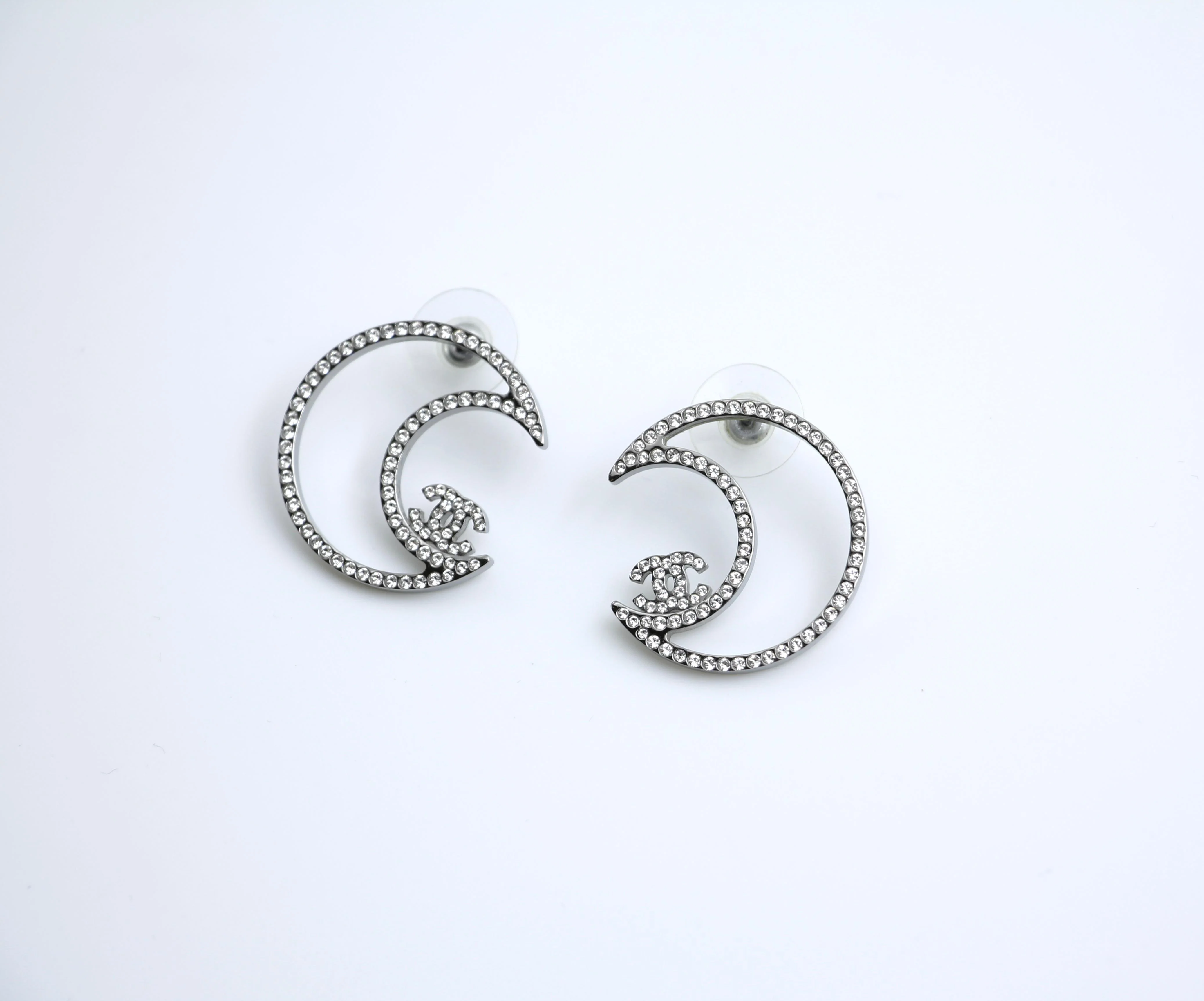 Chanel 17K Rhinestone Moon Silver Earrings