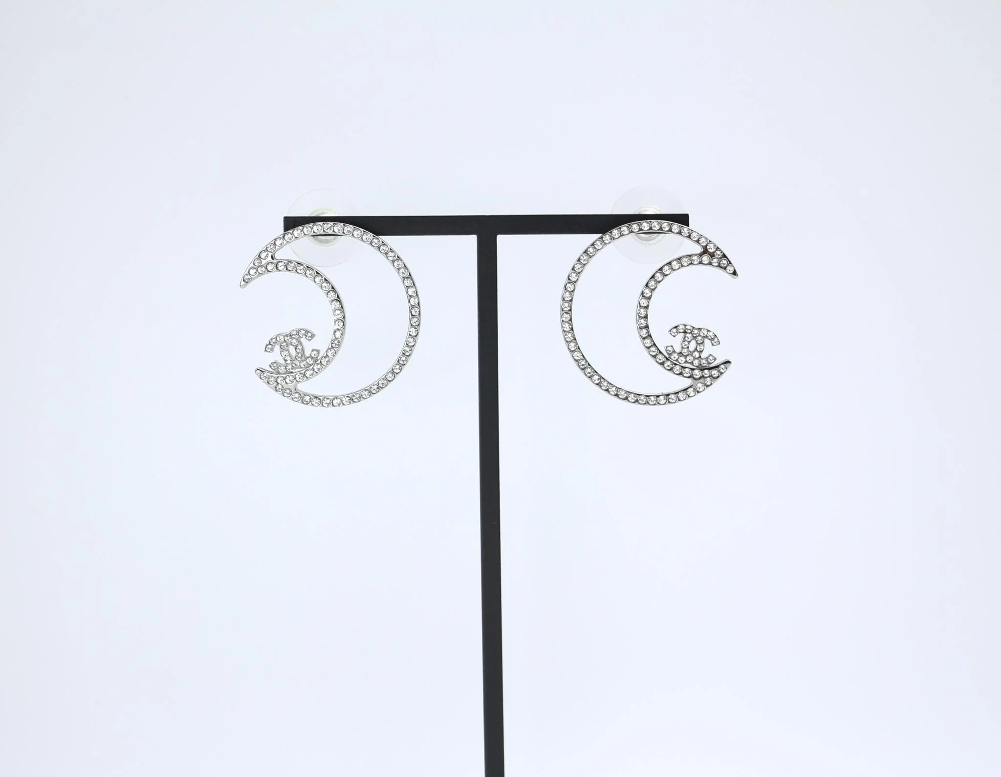 Chanel 17K Rhinestone Moon Silver Earrings - Image 6