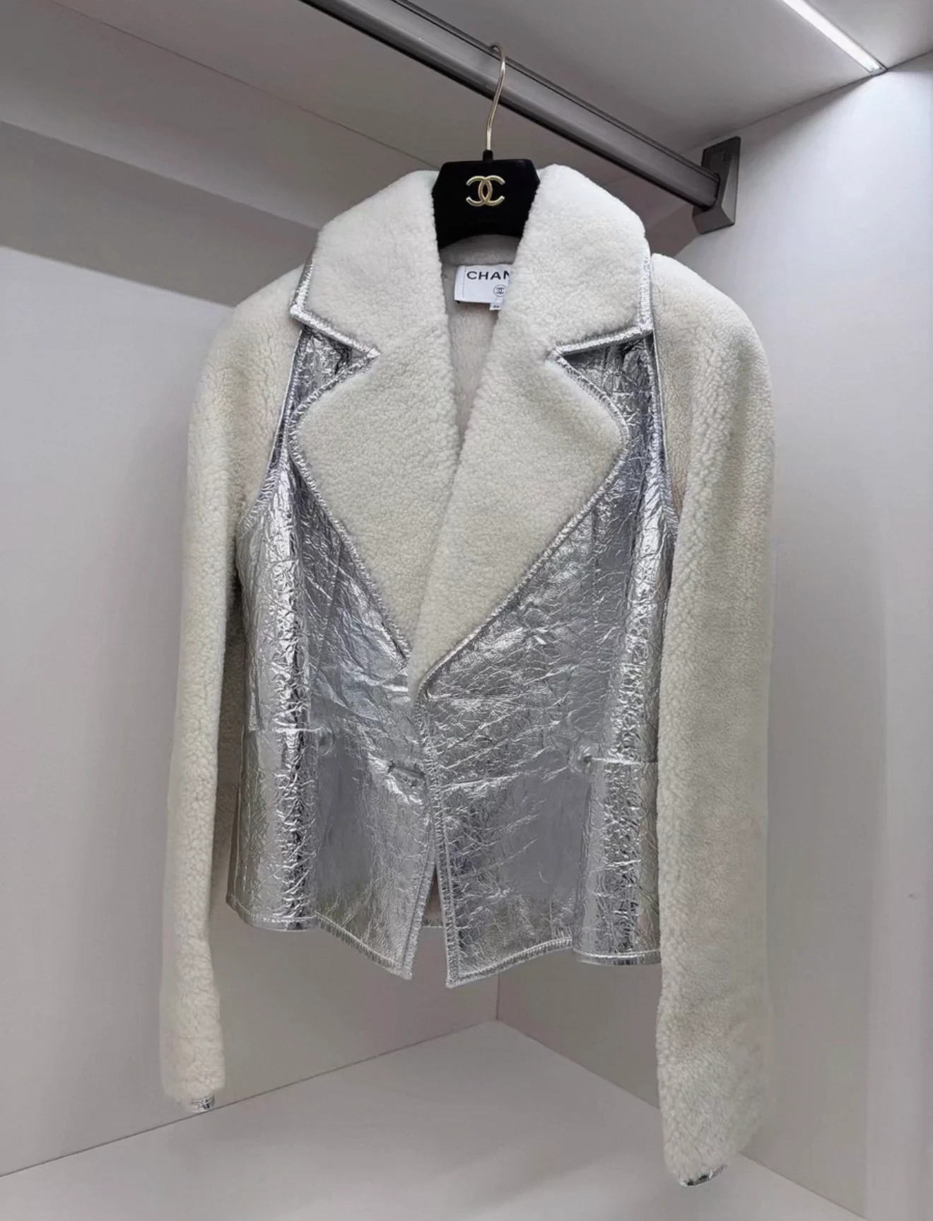 Chanel 17K White Silver Lambswool Coat