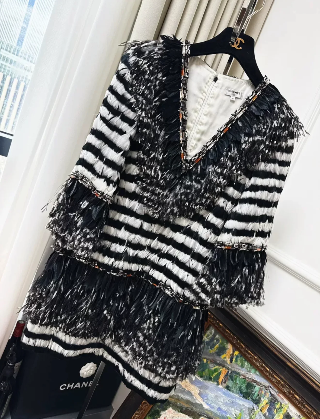 Chanel 18A black and white feather couture dress