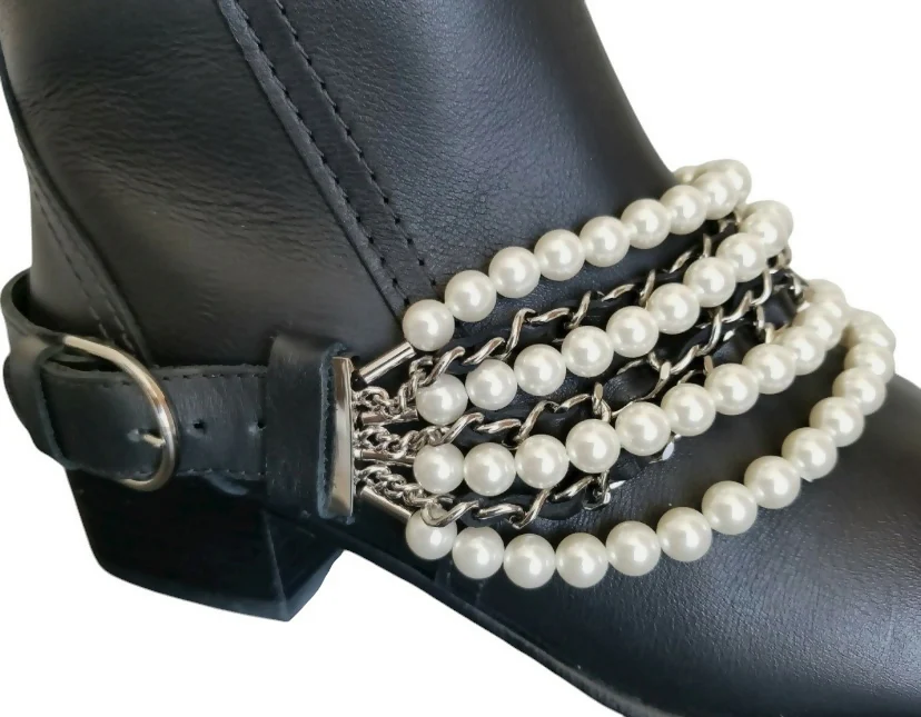 CHANEL 18A HAMBURG BLACK LEATHER PEARL CHAIN RIDING KNEE HIGH BOOTS EU 41 - Image 3