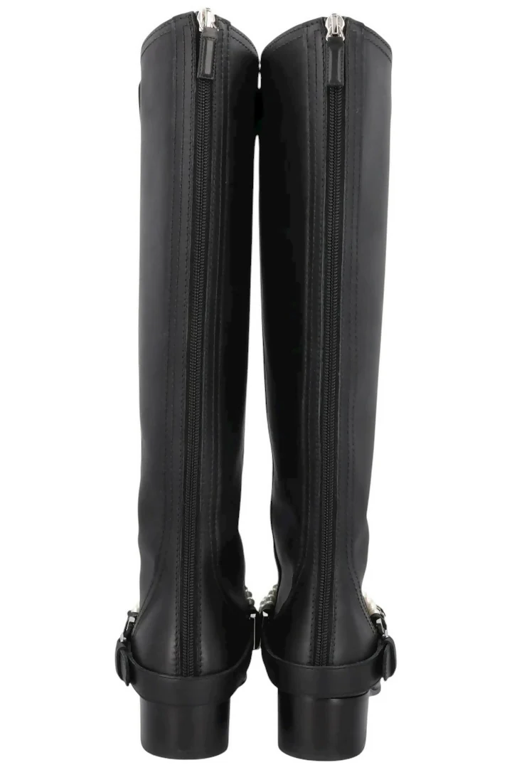 CHANEL 18A HAMBURG BLACK LEATHER PEARL CHAIN RIDING KNEE HIGH BOOTS EU 41 - Image 8