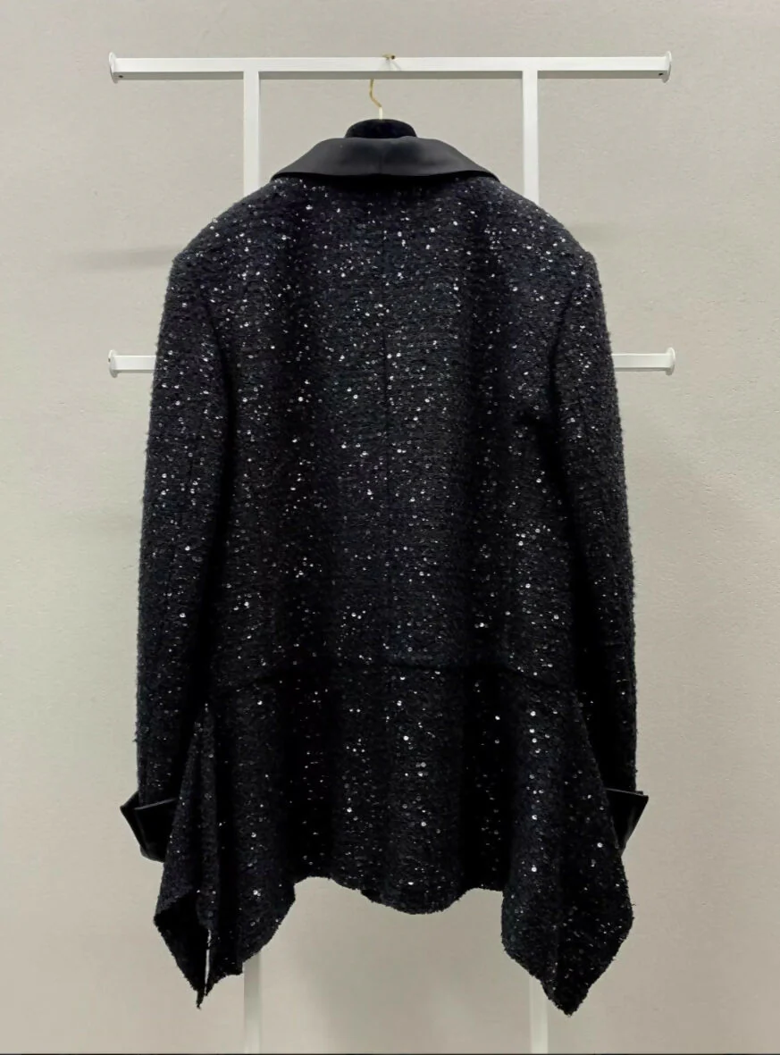Chanel 18K Black Sequined Satin Lapel Jacket - Image 2