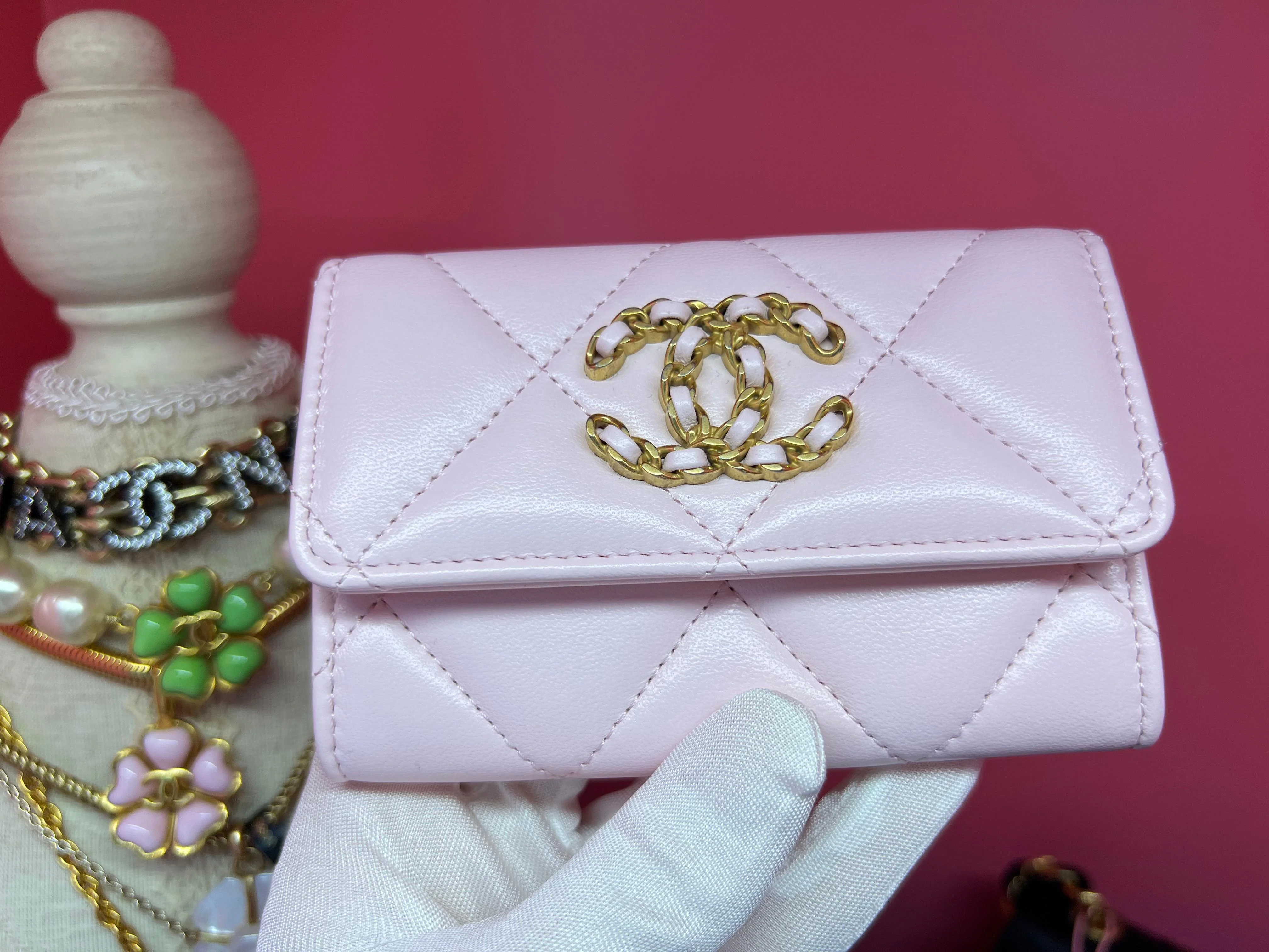 Chanel 19 Year Leather Cherry Blossom Pink Wallet Card Holder