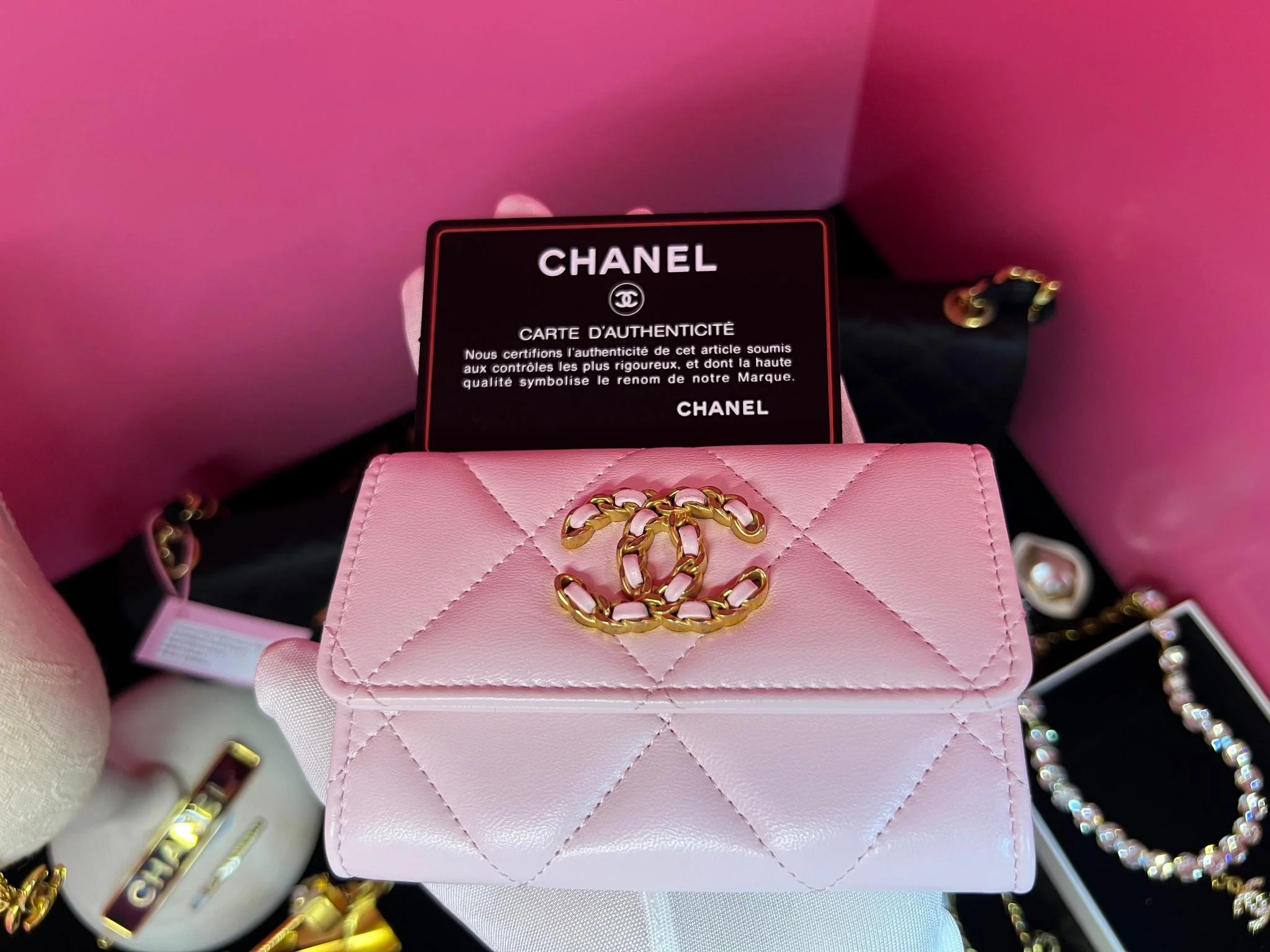 Chanel 19 Year Leather Cherry Blossom Pink Wallet Card Holder - Image 11