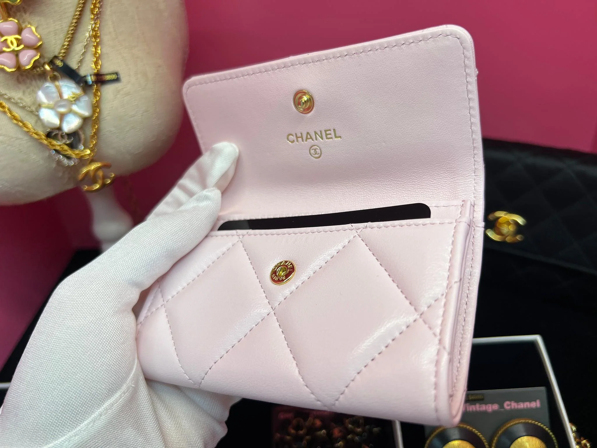 Chanel 19 Year Leather Cherry Blossom Pink Wallet Card Holder - Image 3