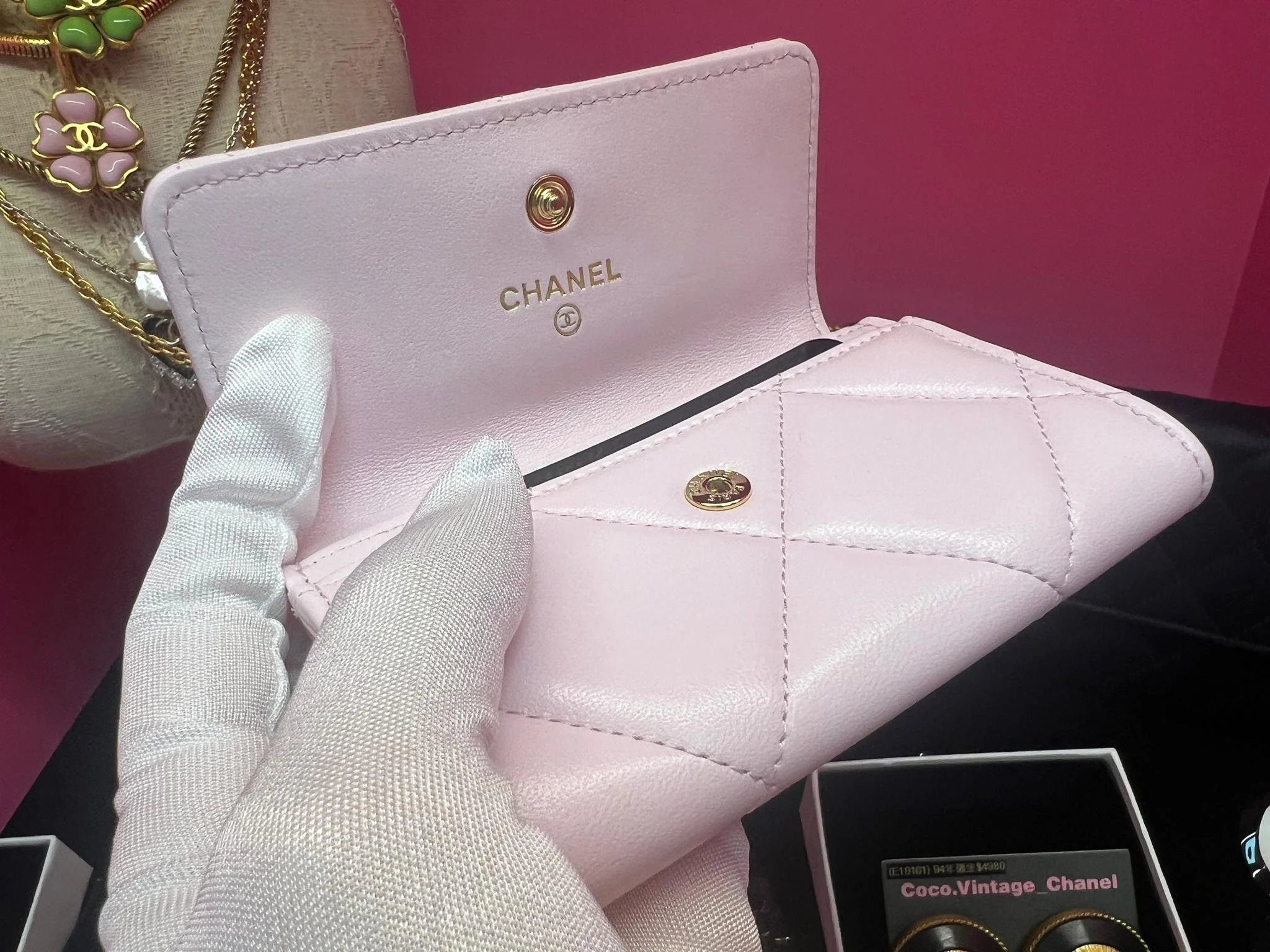 Chanel 19 Year Leather Cherry Blossom Pink Wallet Card Holder - Image 6