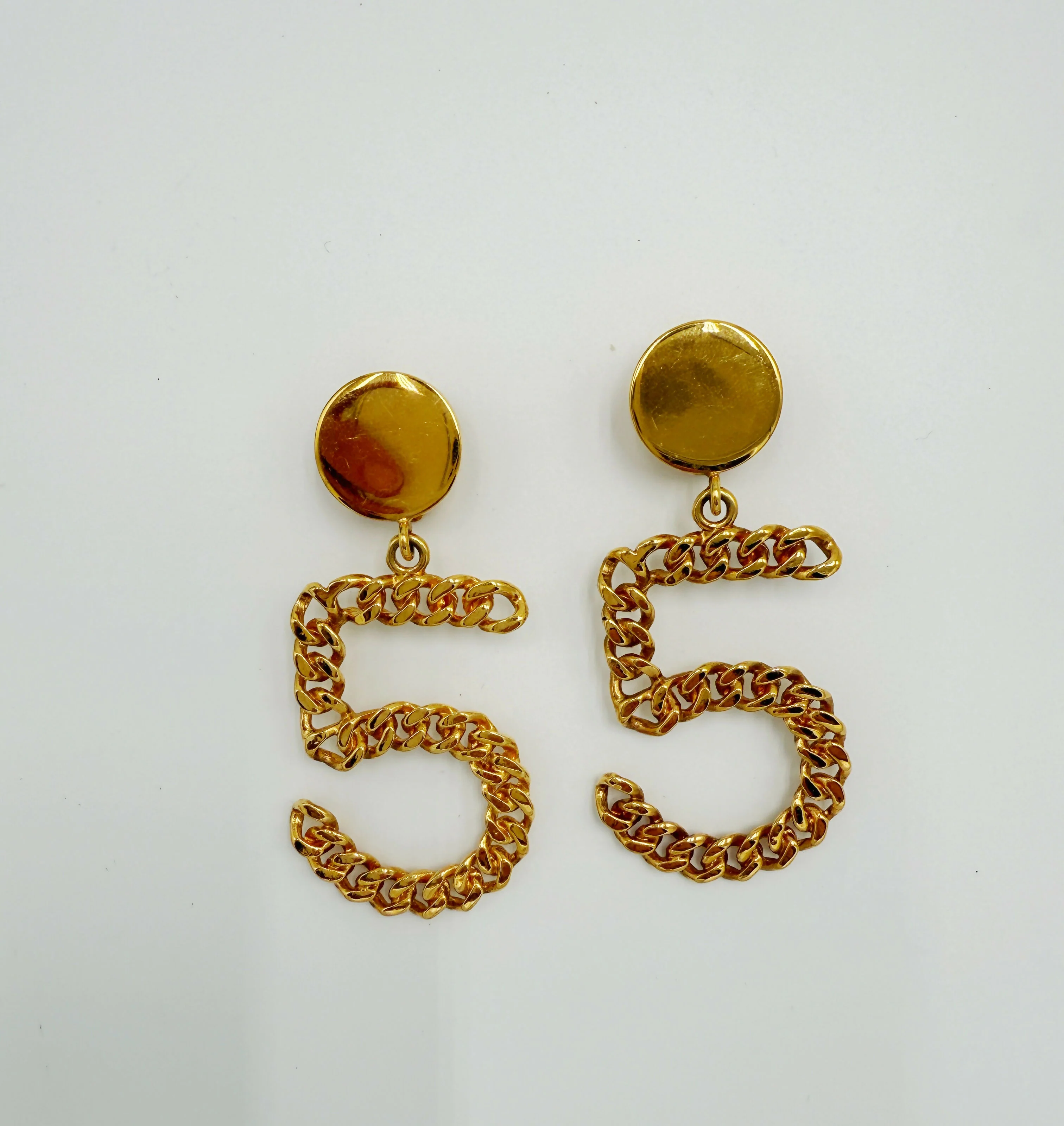 Chanel 1980s Runway Vintage Gold Plated No.5 Dangle Earrings