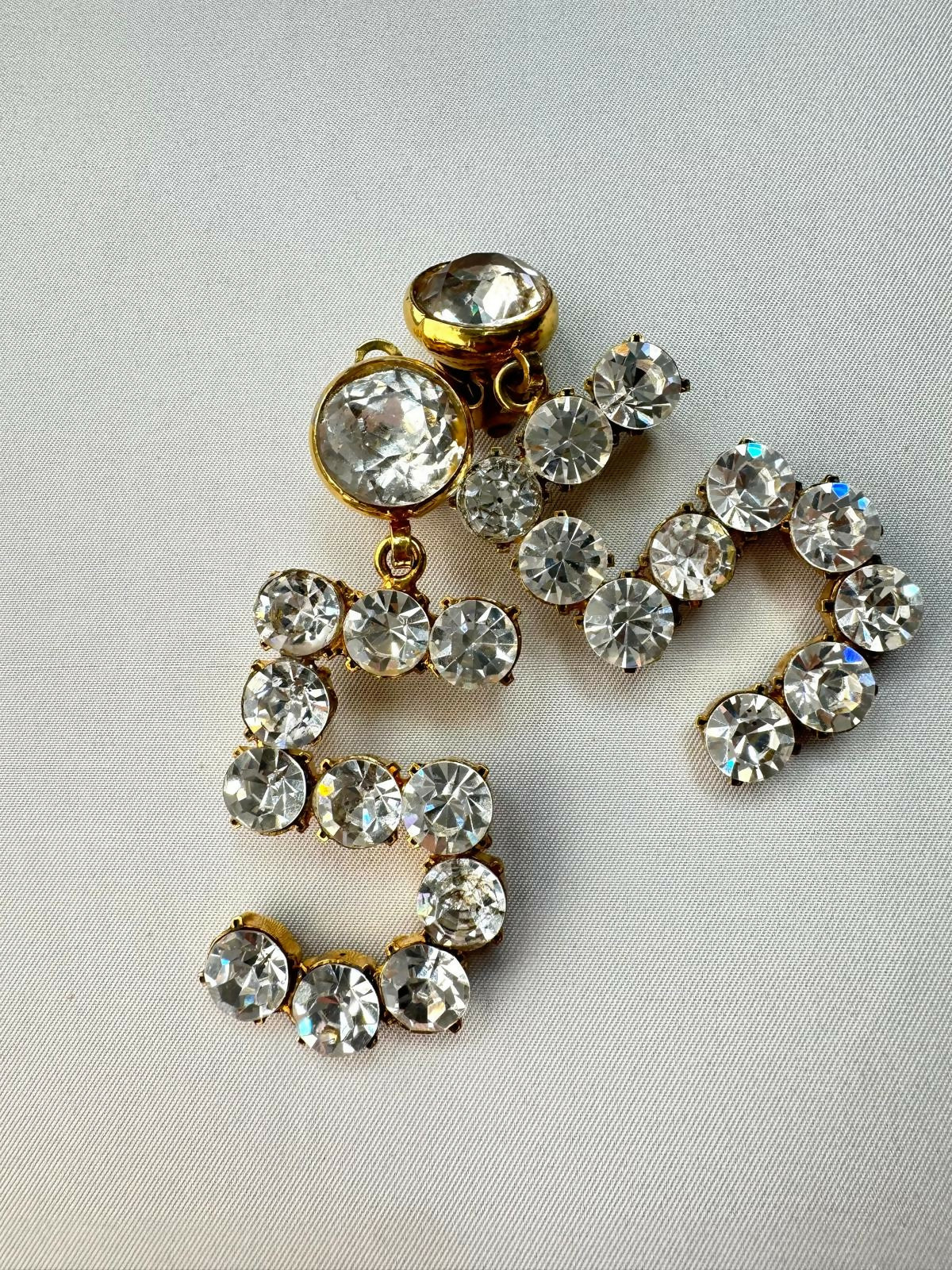 Chanel 1980s Vintage Runway Vintage Gold and Clear Crystals No. 5 Earrings