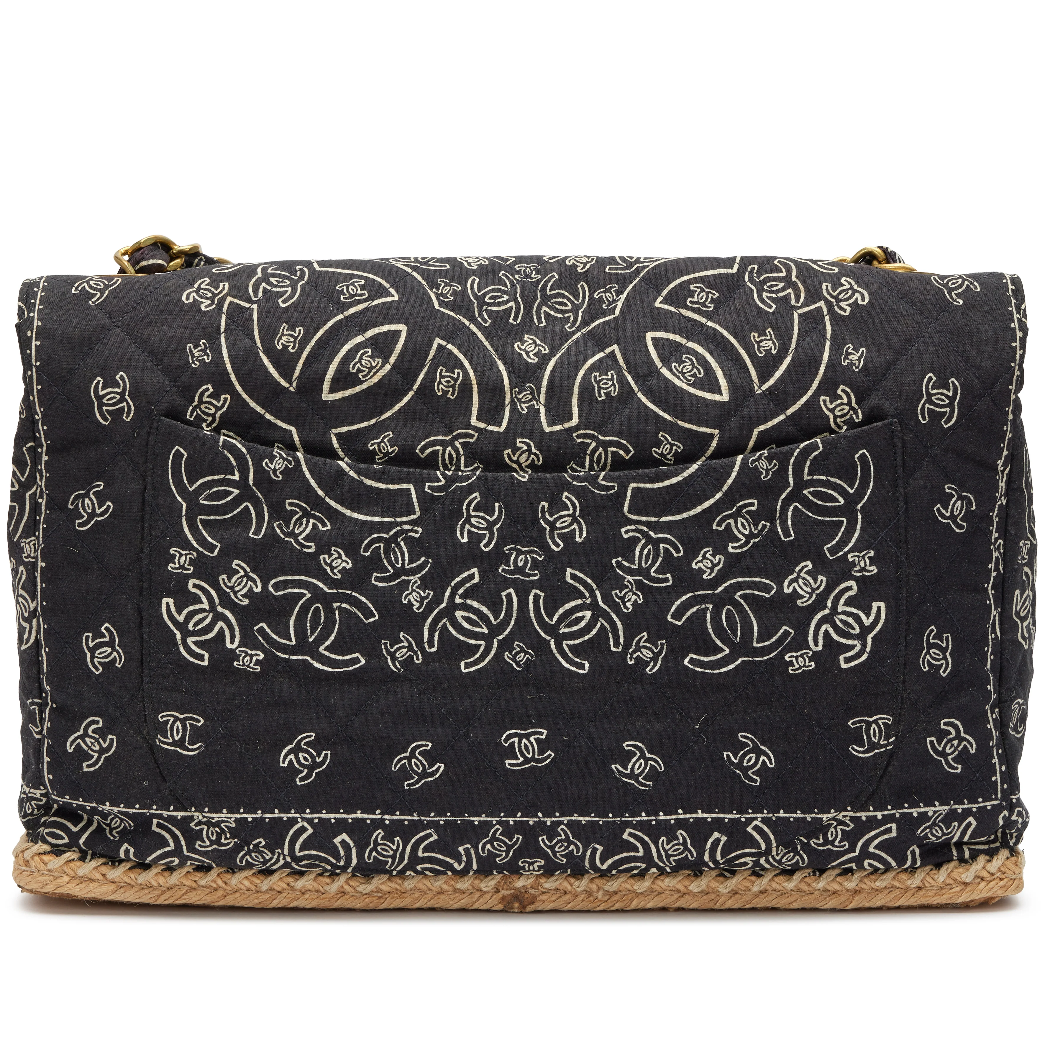 Chanel 1991-1994 Black CC Logo Printed Canvas and Raffia Bandana Jumbo Flap Bag - Image 5