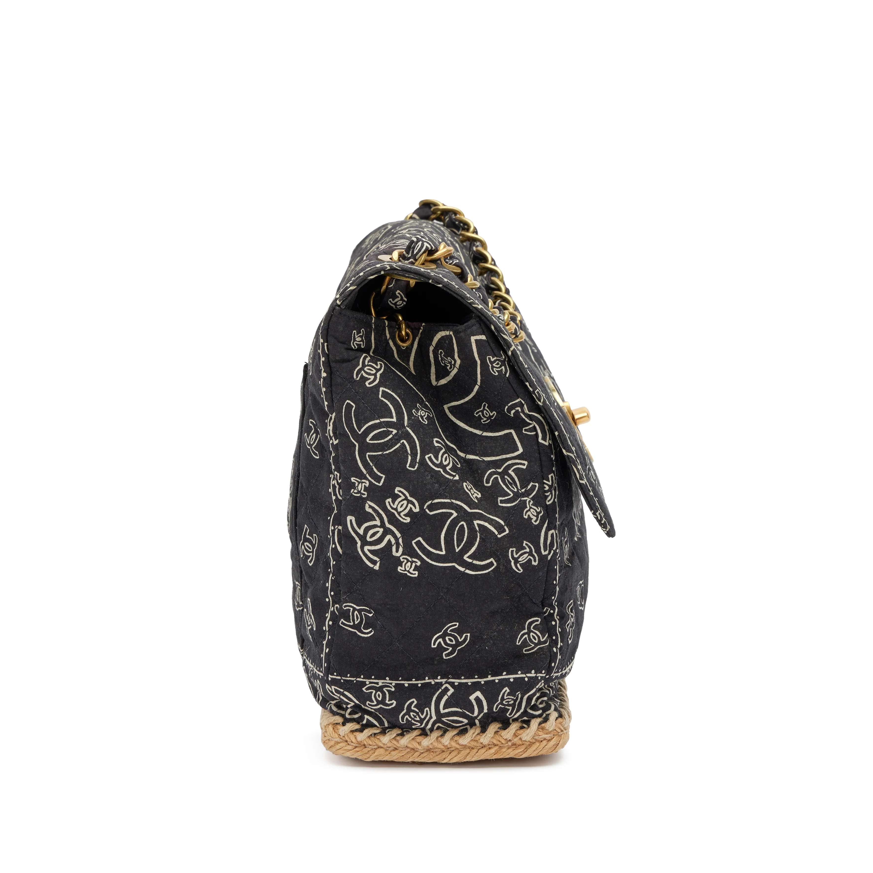 Chanel 1991-1994 Black CC Logo Printed Canvas and Raffia Bandana Jumbo Flap Bag - Image 6