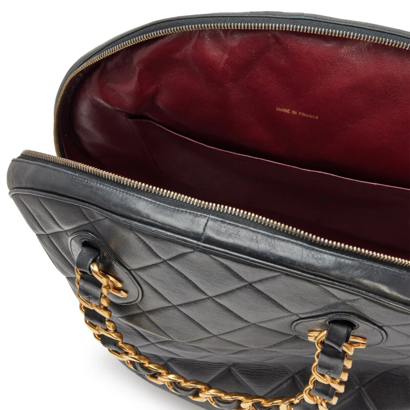 Chanel 1992 Vintage Black Quilted Lambskin Woven Chain Handle Bowler Bag Gold Hardware - Image 2