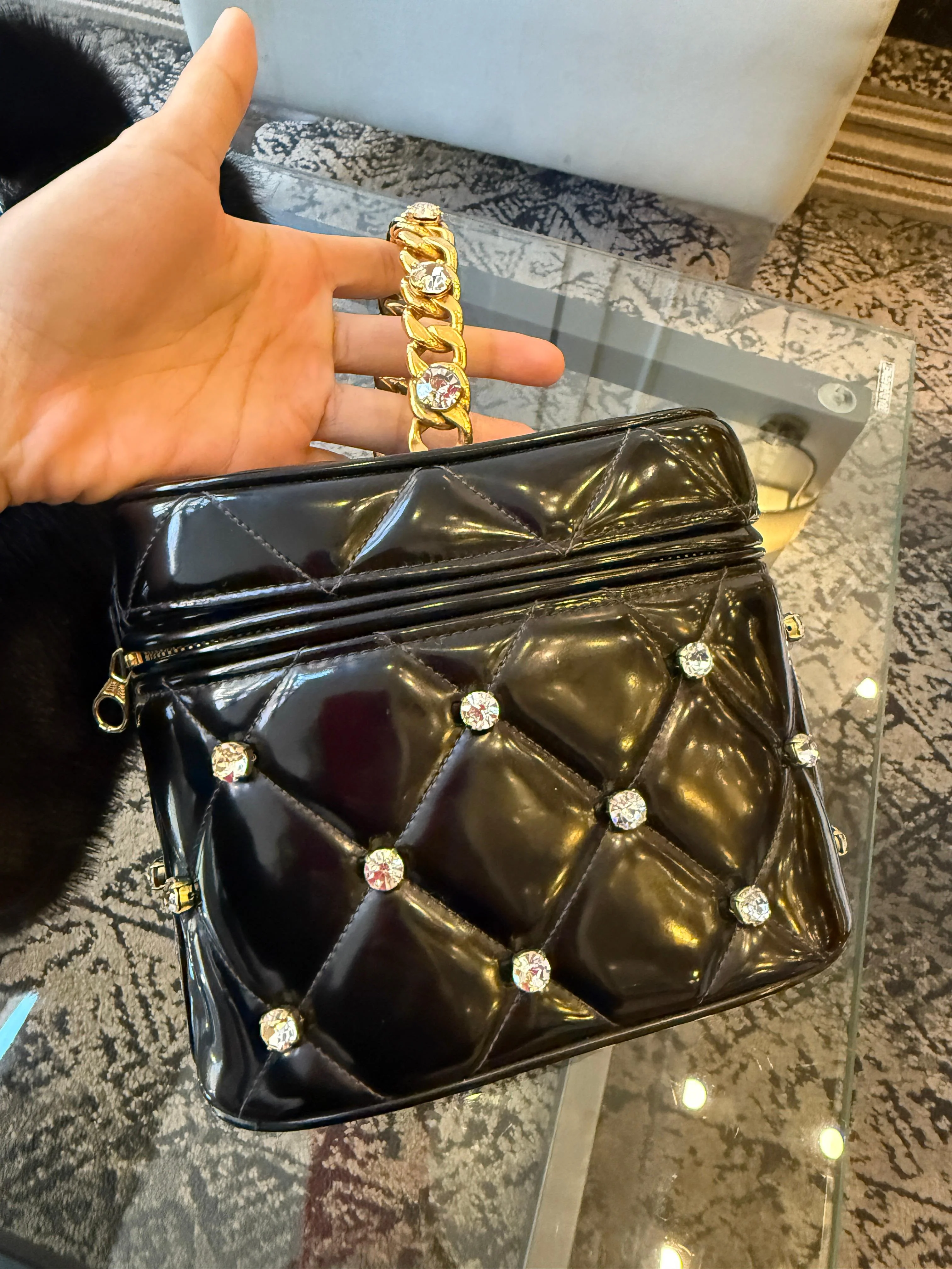 Chanel 1995 Black Patent Rhinestone Vanity Mirror Case — Ultra Rare Collector’s Piece - Image 8