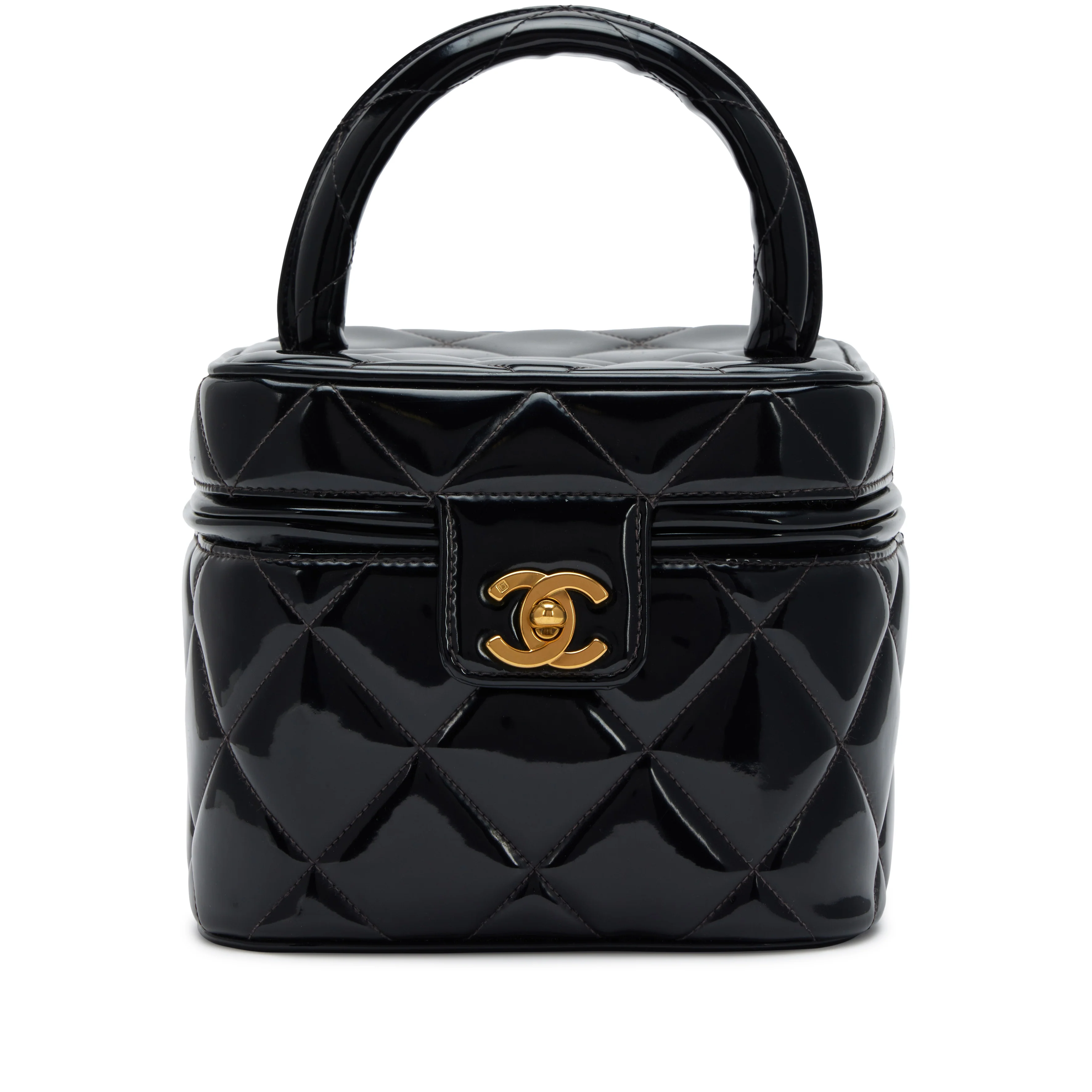 Chanel 1995 Black Quilted Patent Barbie Heart Mirror Vanity Case Bag Gold Hardware