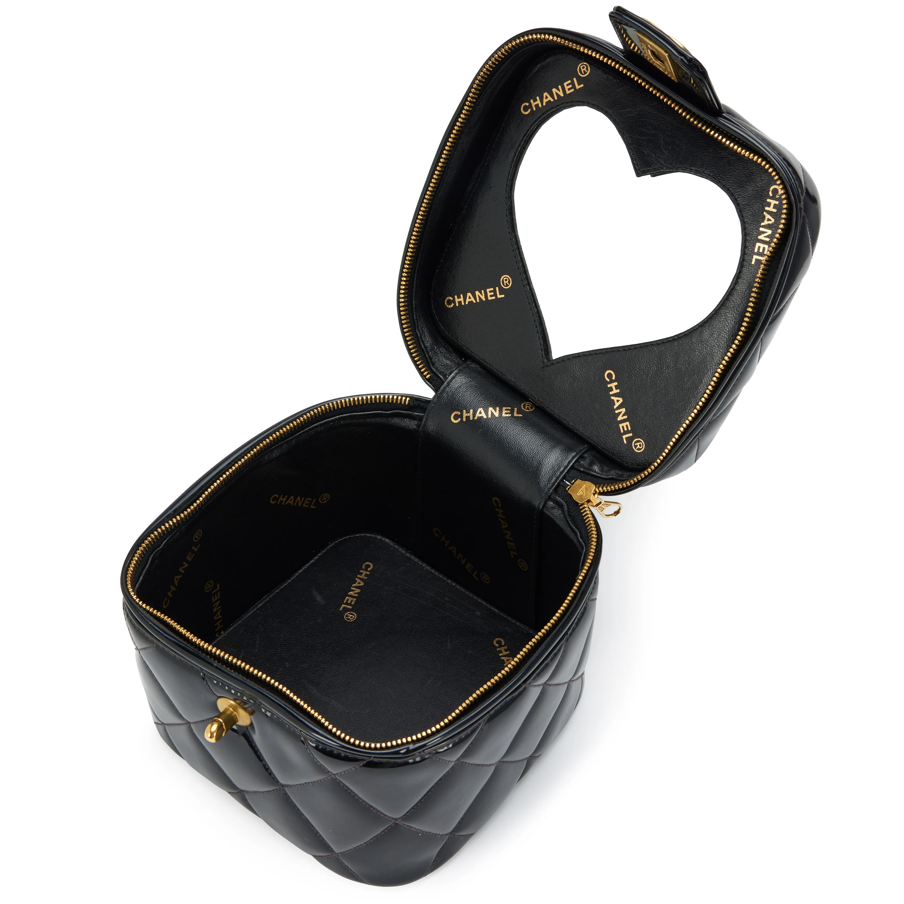 Chanel 1995 Black Quilted Patent Barbie Heart Mirror Vanity Case Bag Gold Hardware - Image 2