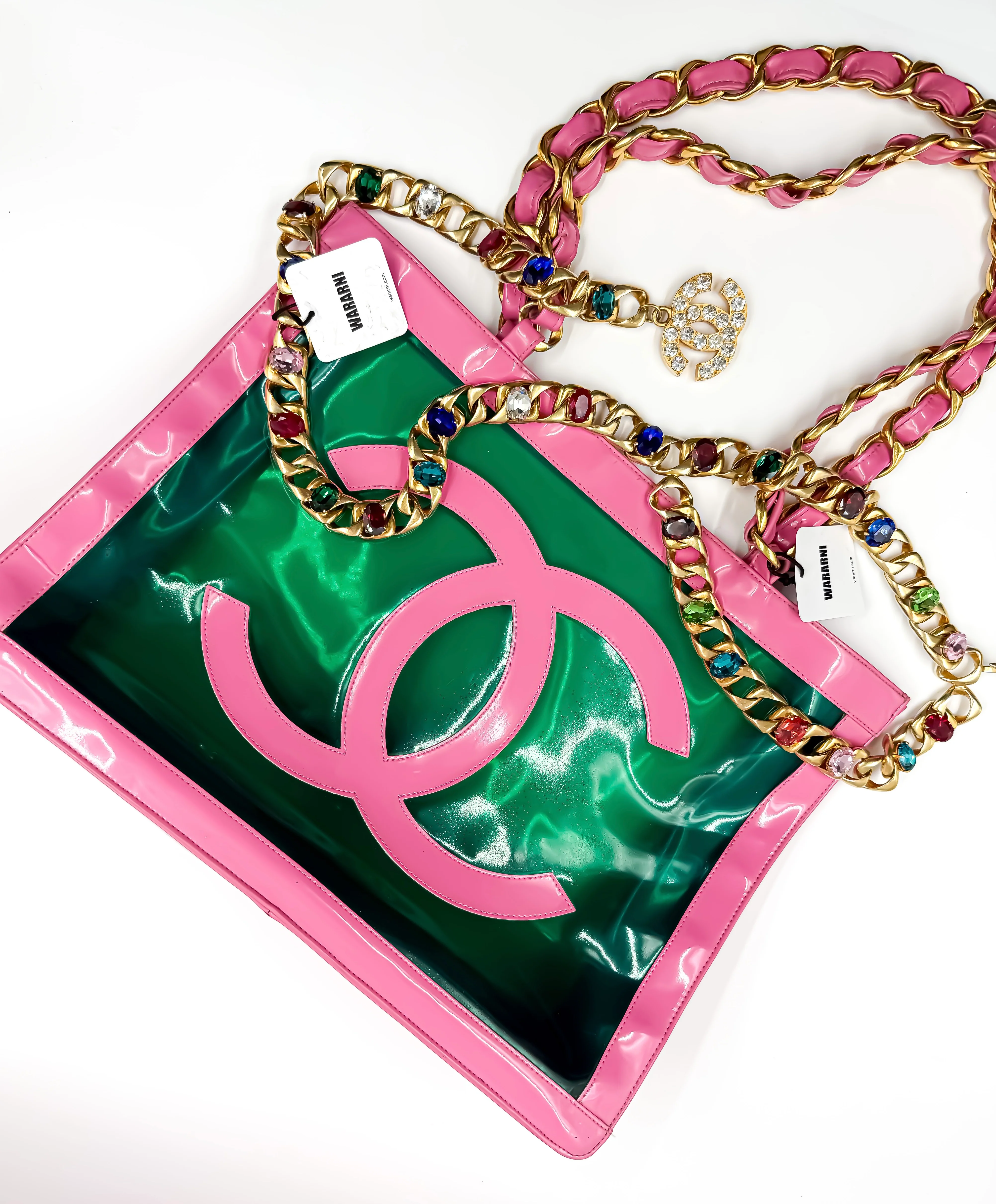 Chanel 1995 Spring/Summer Barbie Collection Vintage Pink Patent and Green PVC Tote - Image 2