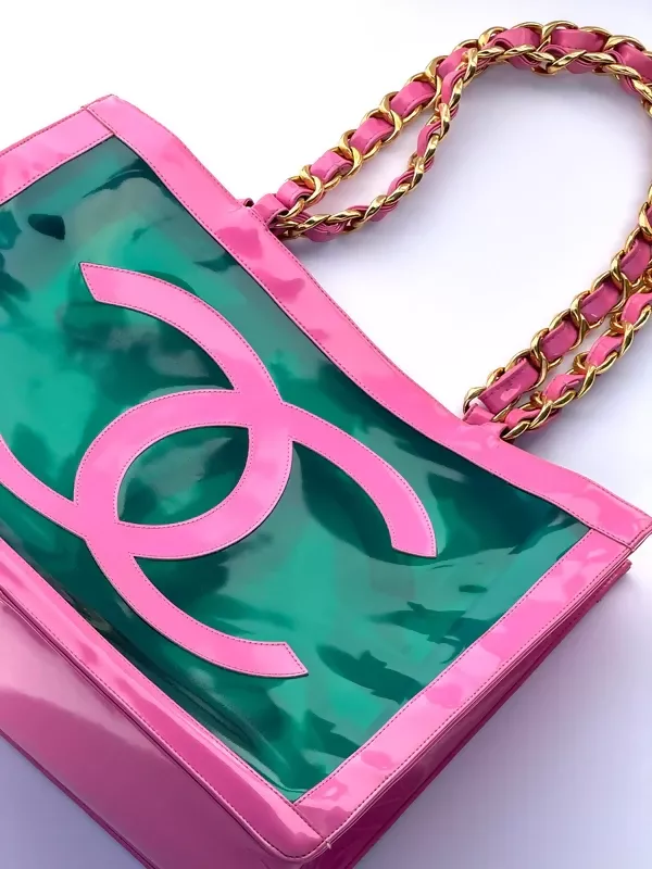 Chanel 1995 Spring/Summer Barbie Collection Vintage Pink Patent and Green PVC Tote - Image 5