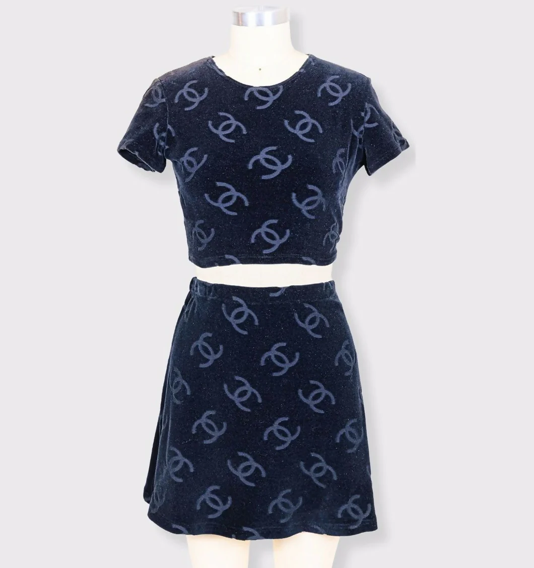Chanel 1996 Spring/Summer Vintage Black Velour Logo Skirt Set