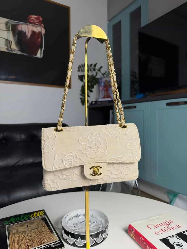 Chanel 1997 Ivory Canvas Camellia Classic Flap Bag - Image 2