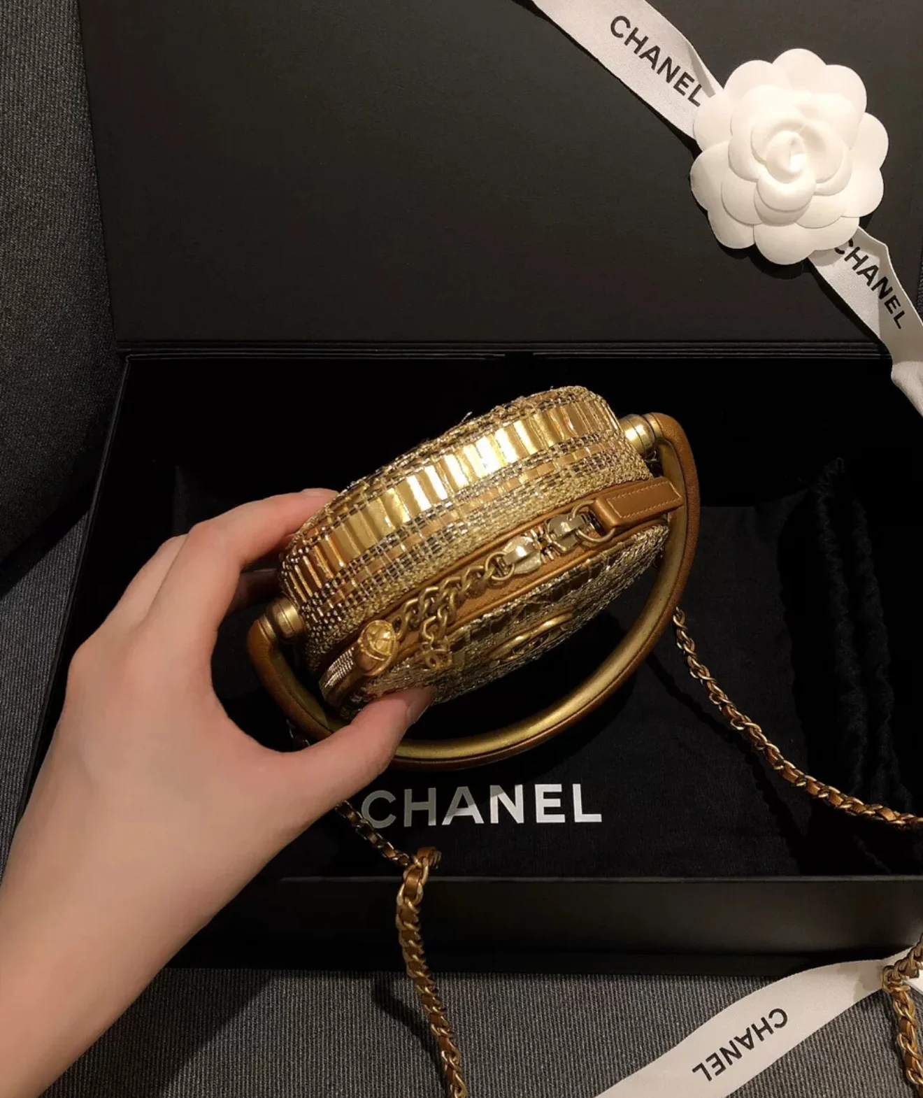 Chanel 19A Egyptian Gold Tweed Runway Handle Crossbody Bag - Image 6