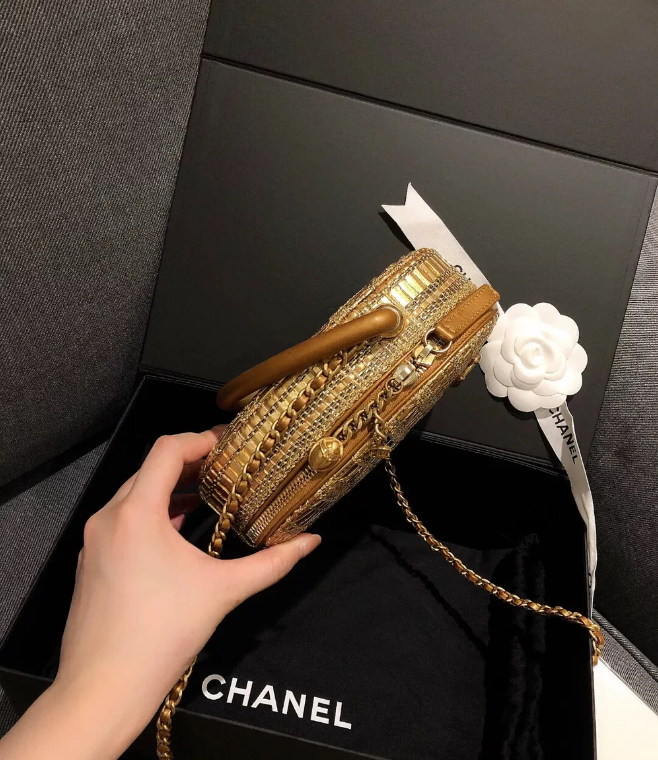 Chanel 19A Egyptian Gold Tweed Runway Handle Crossbody Bag - Image 7